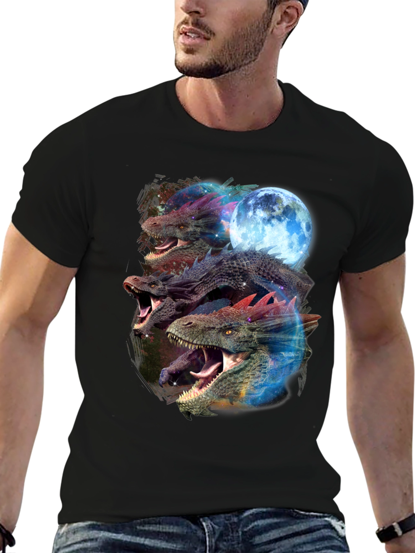 Dragon Trio Moon Black T-Shirt Graphic Print