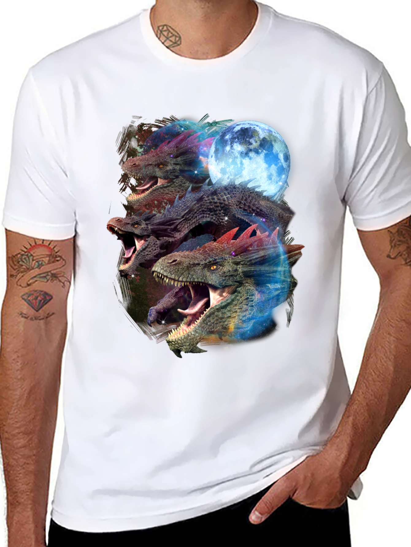 Dragon Trio Moon Black T-Shirt Graphic Print