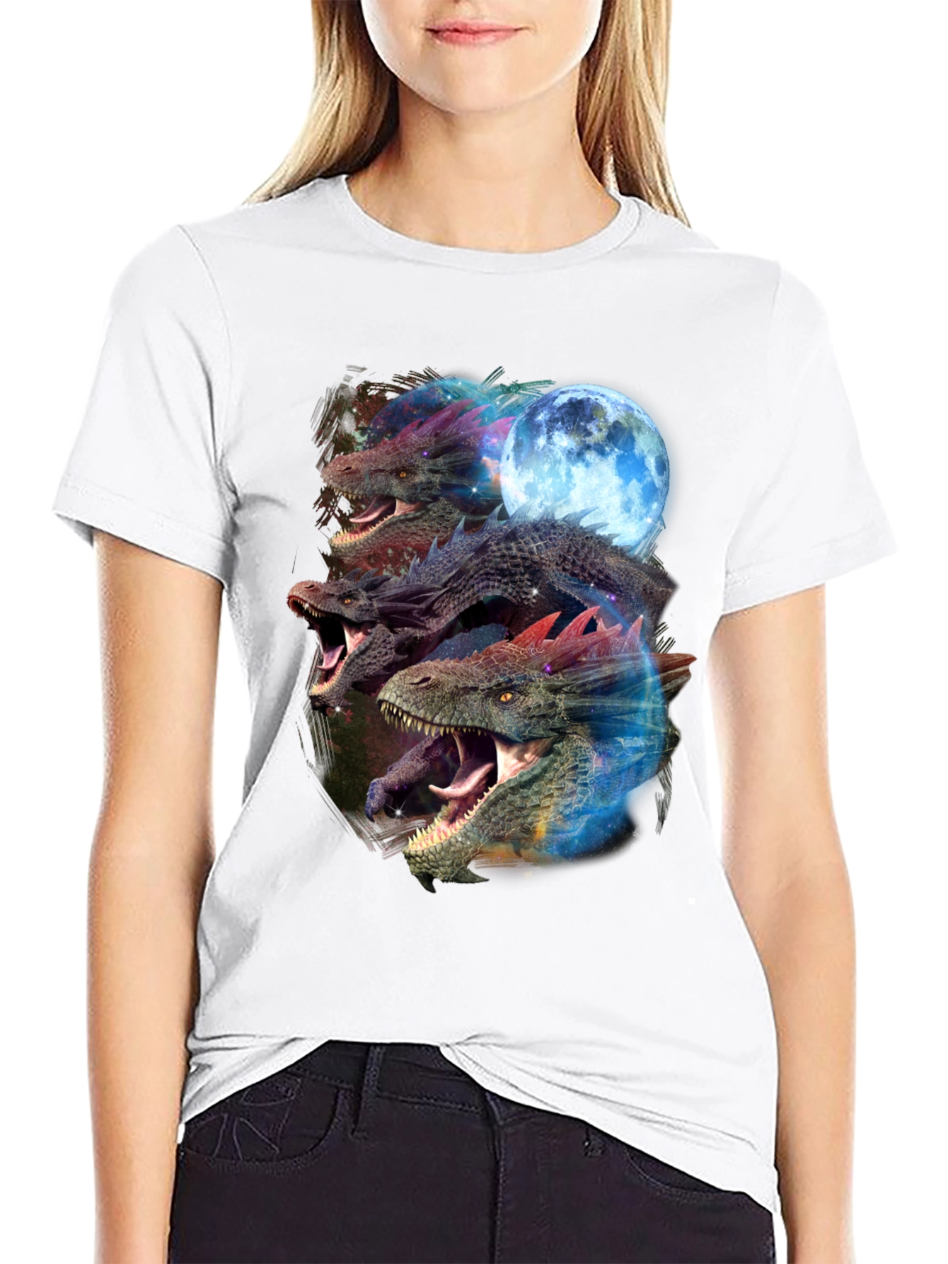Dragon Trio Moon Black T-Shirt Graphic Print