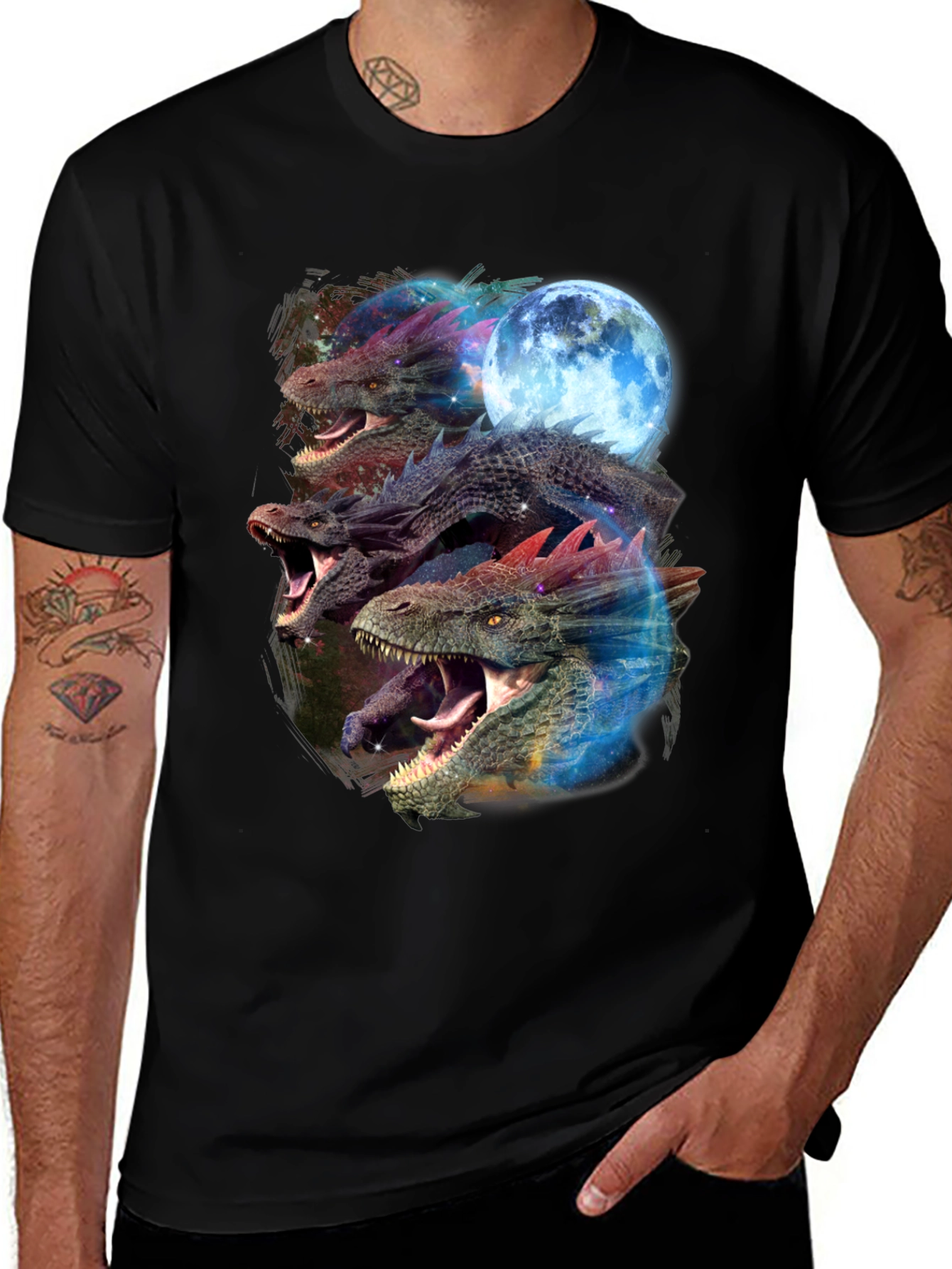 Dragon Trio Moon Black T-Shirt Graphic Print