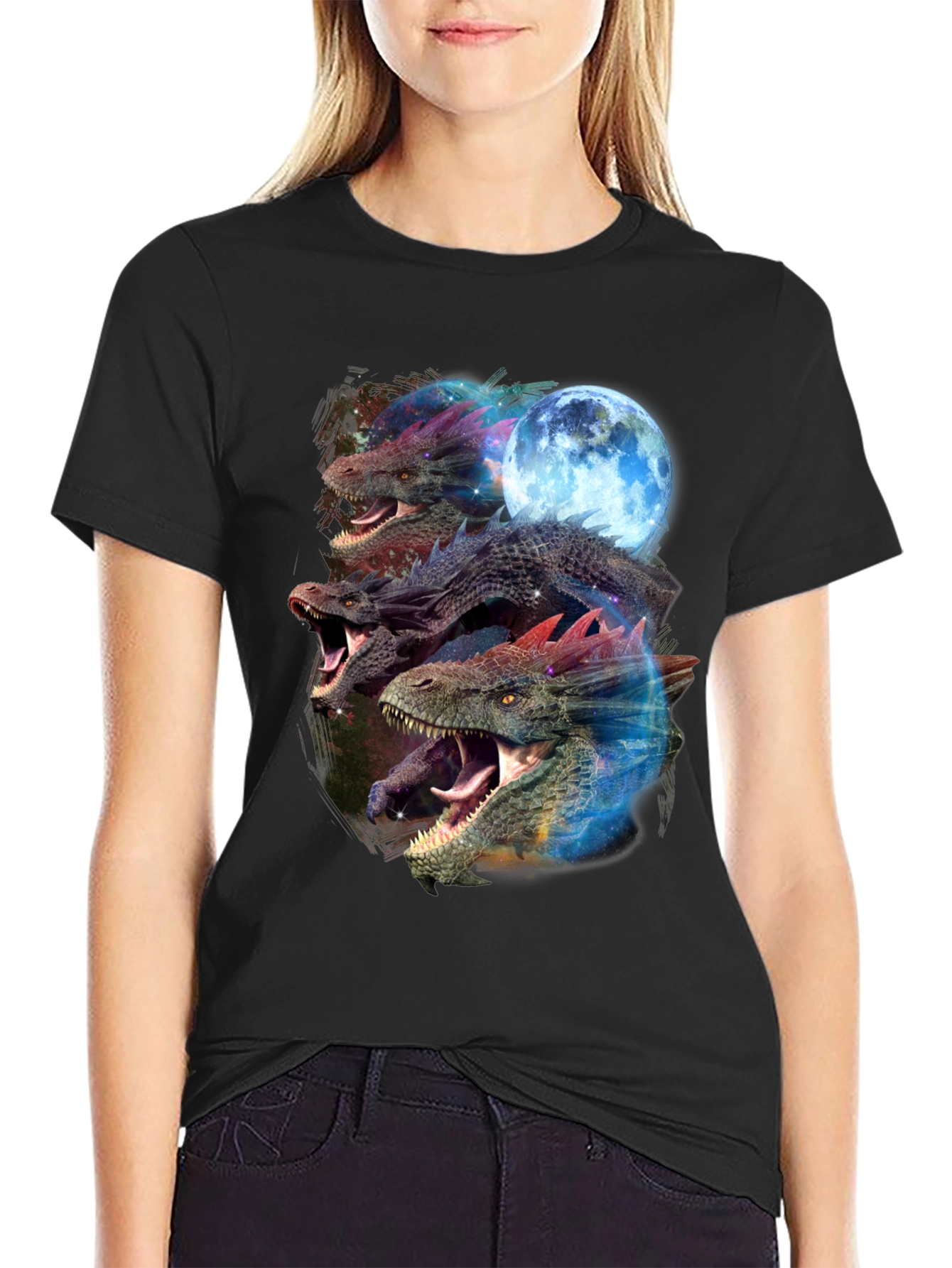 Dragon Trio Moon Black T-Shirt Graphic Print