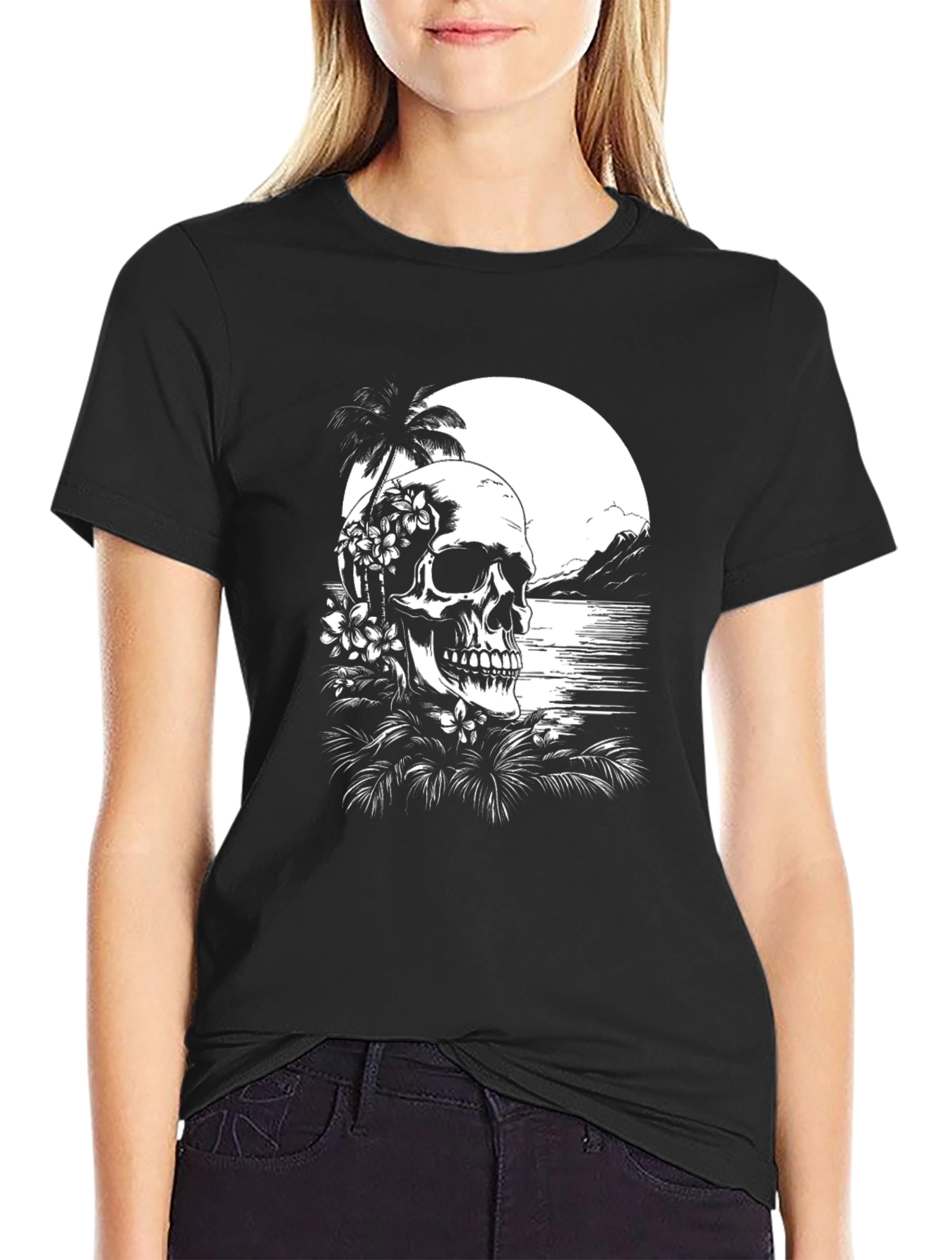 Tropical Skull Graphic T-Shirt - Black
