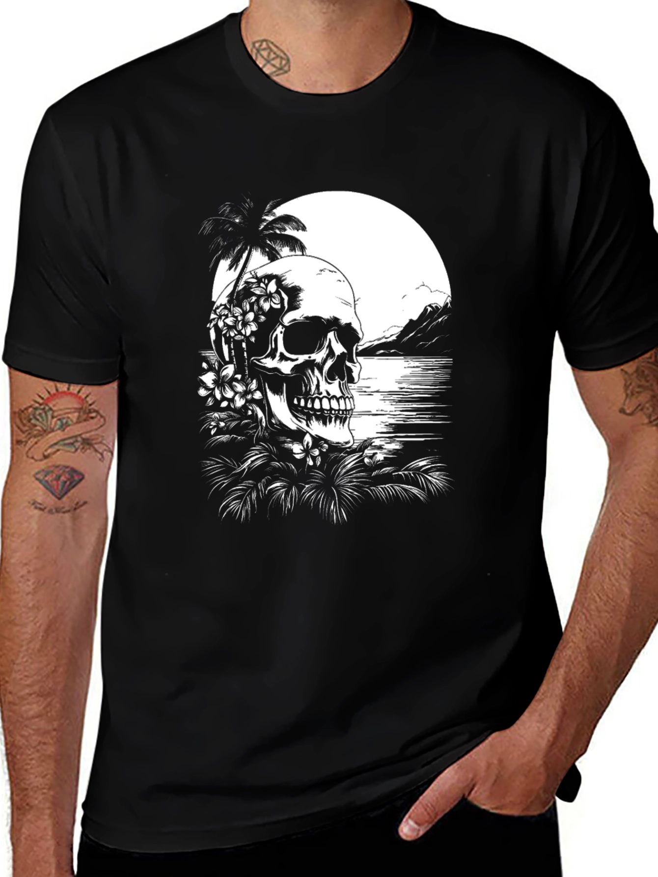 Tropical Skull Graphic T-Shirt - Black