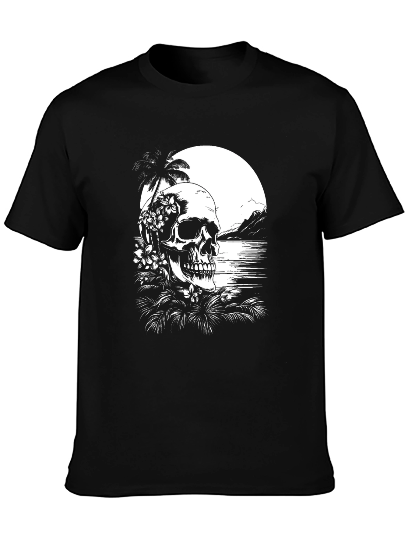 Tropical Skull Graphic T-Shirt - Black