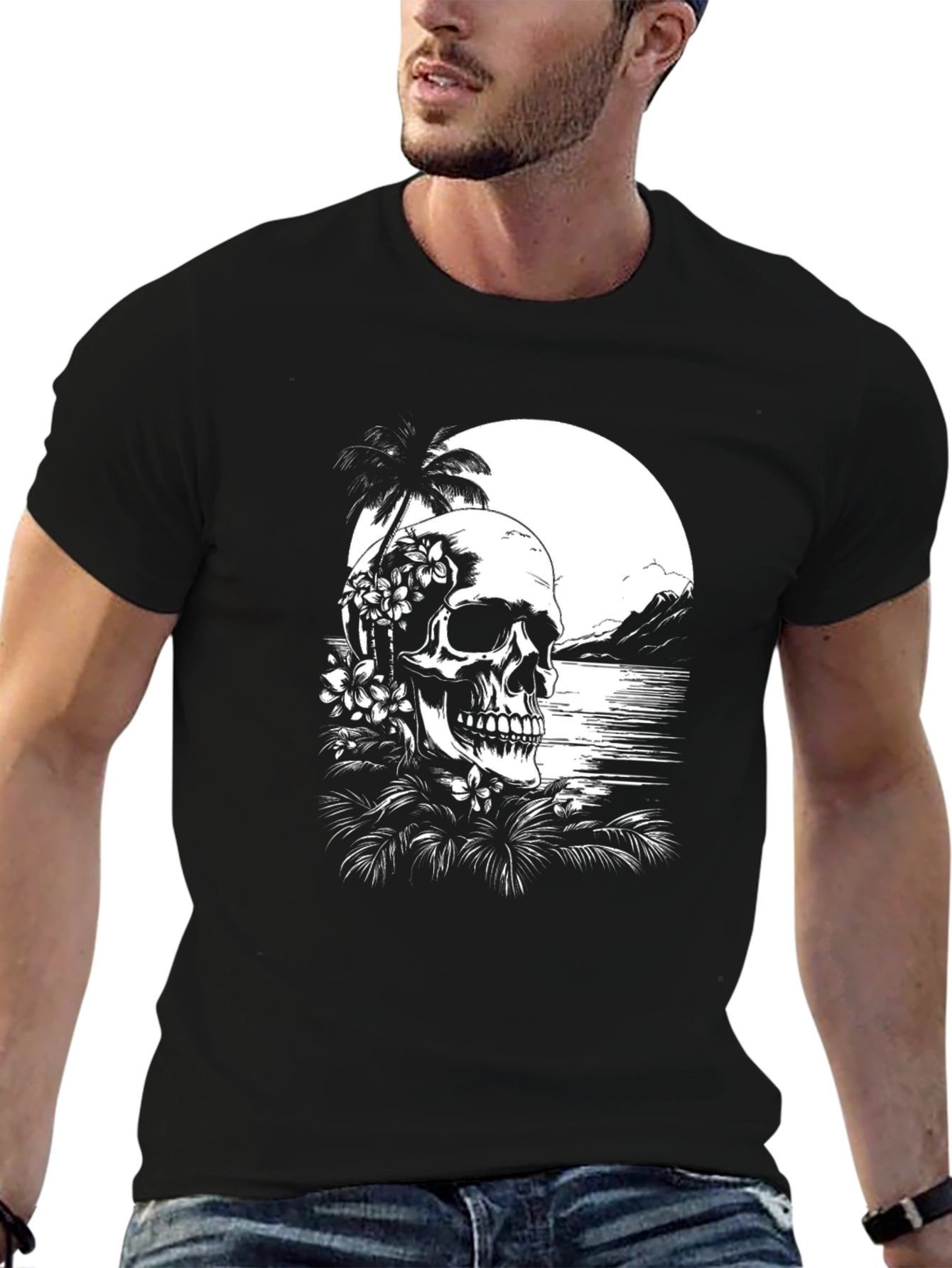 Tropical Skull Graphic T-Shirt - Black