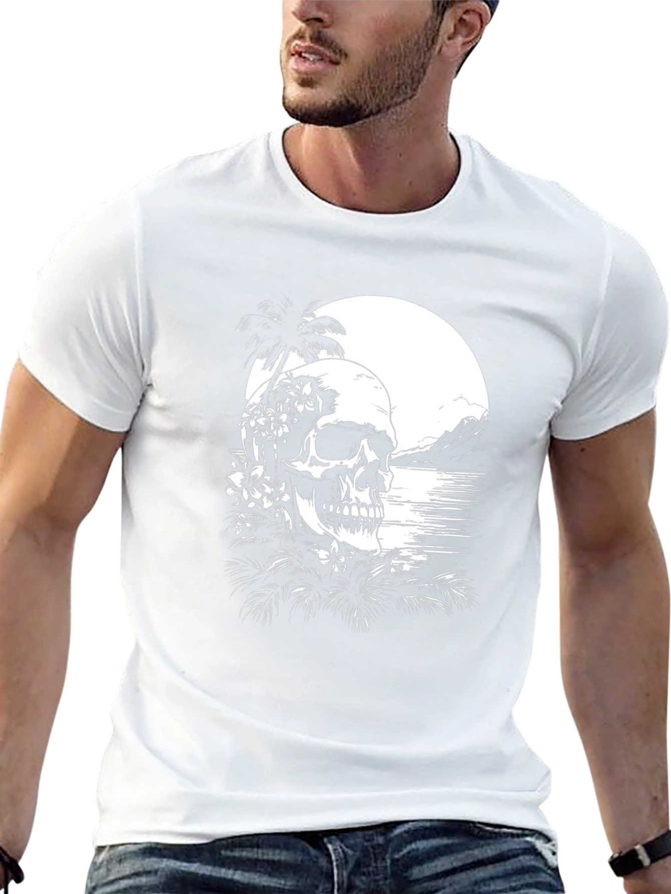 Tropical Skull Graphic T-Shirt - Black