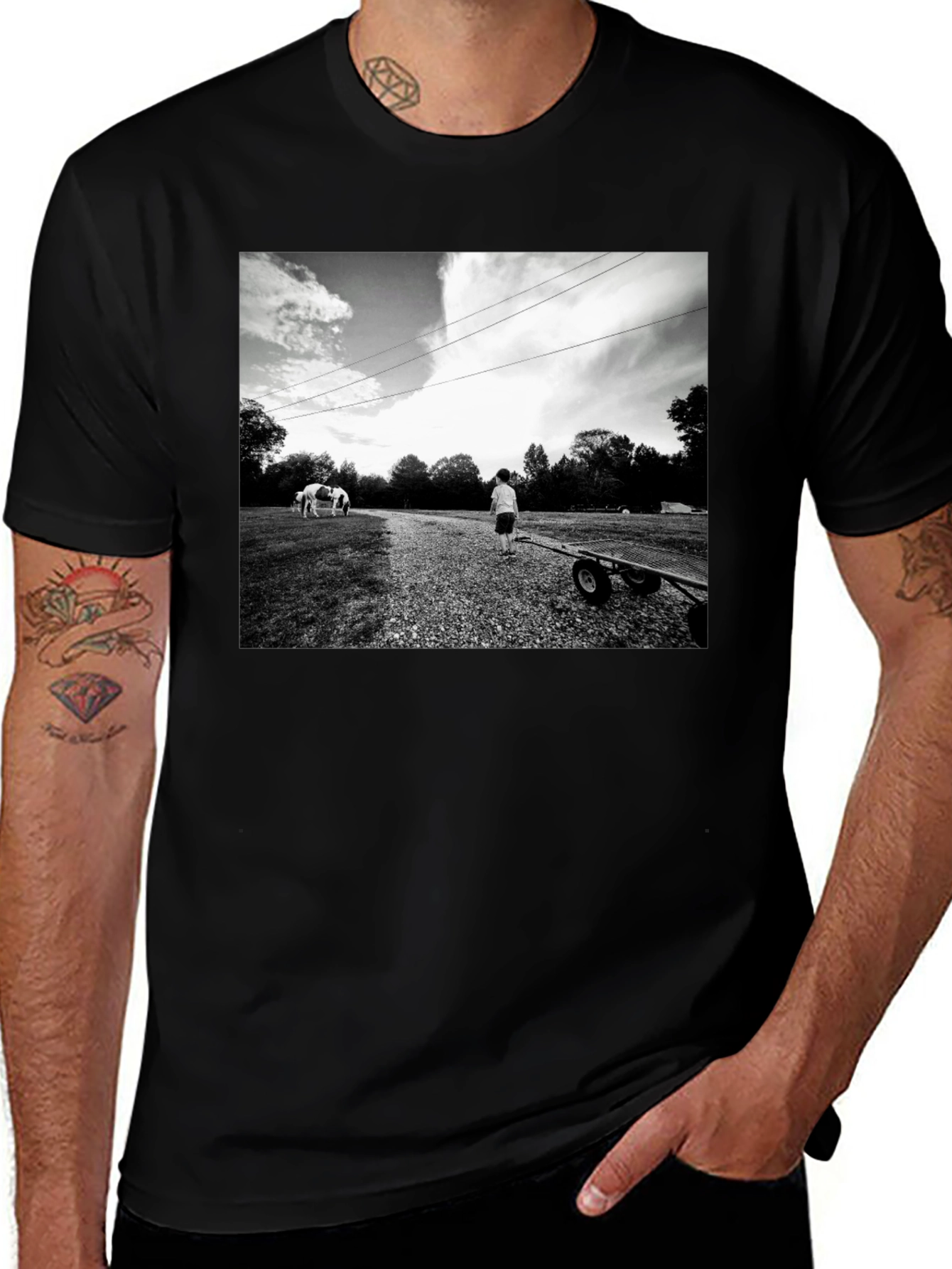 Monochrome Graphic Tee - Boy and Wagon