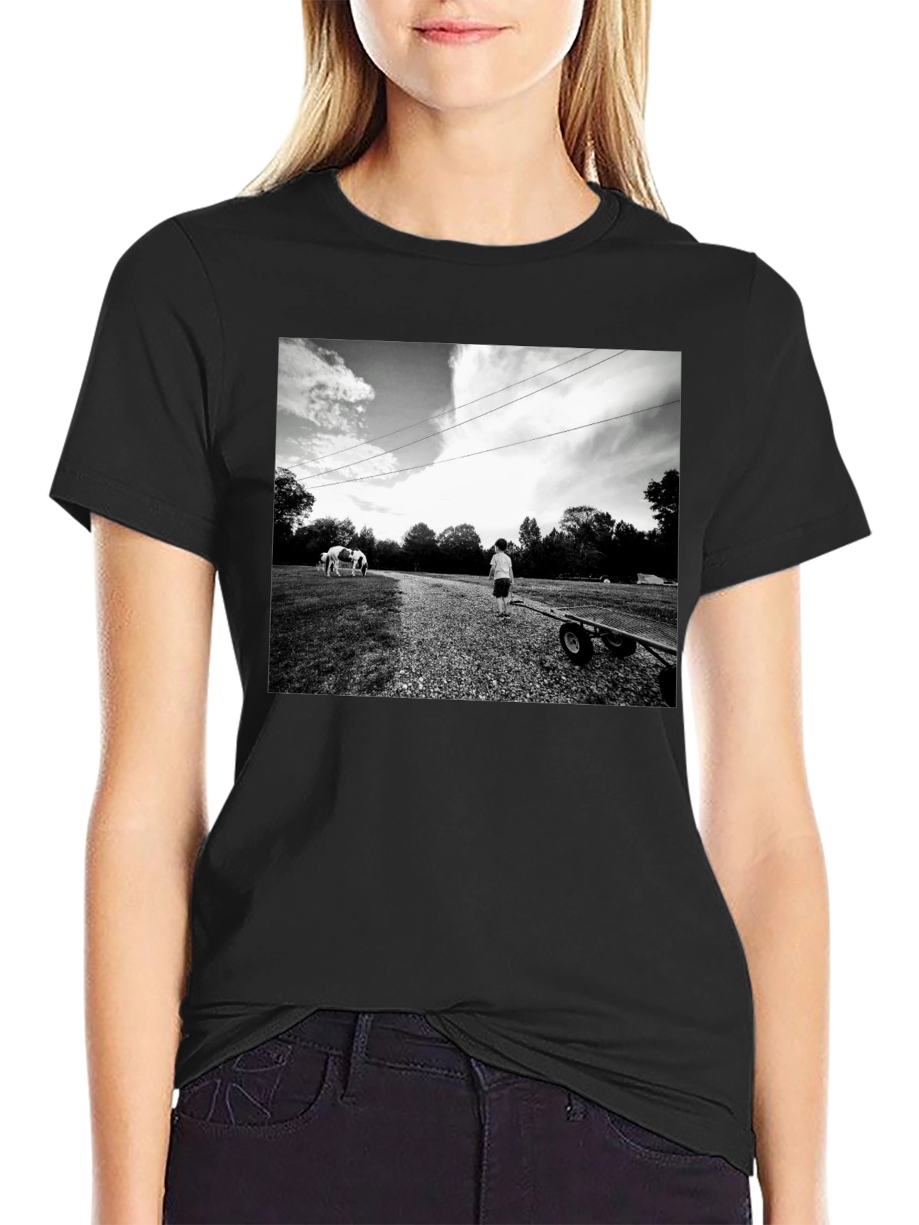 Monochrome Graphic Tee - Boy and Wagon