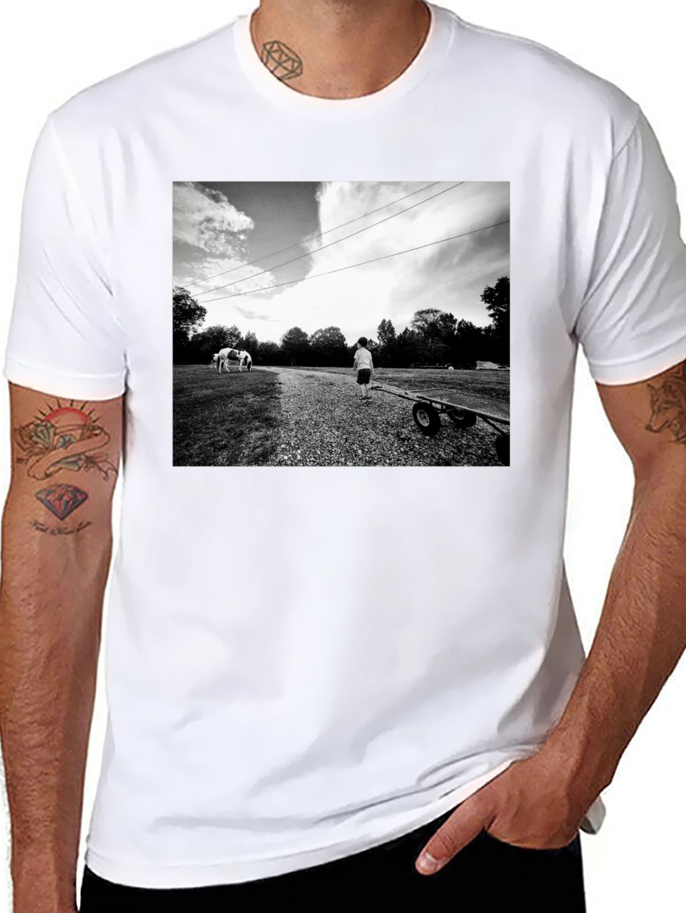 Monochrome Graphic Tee - Boy and Wagon