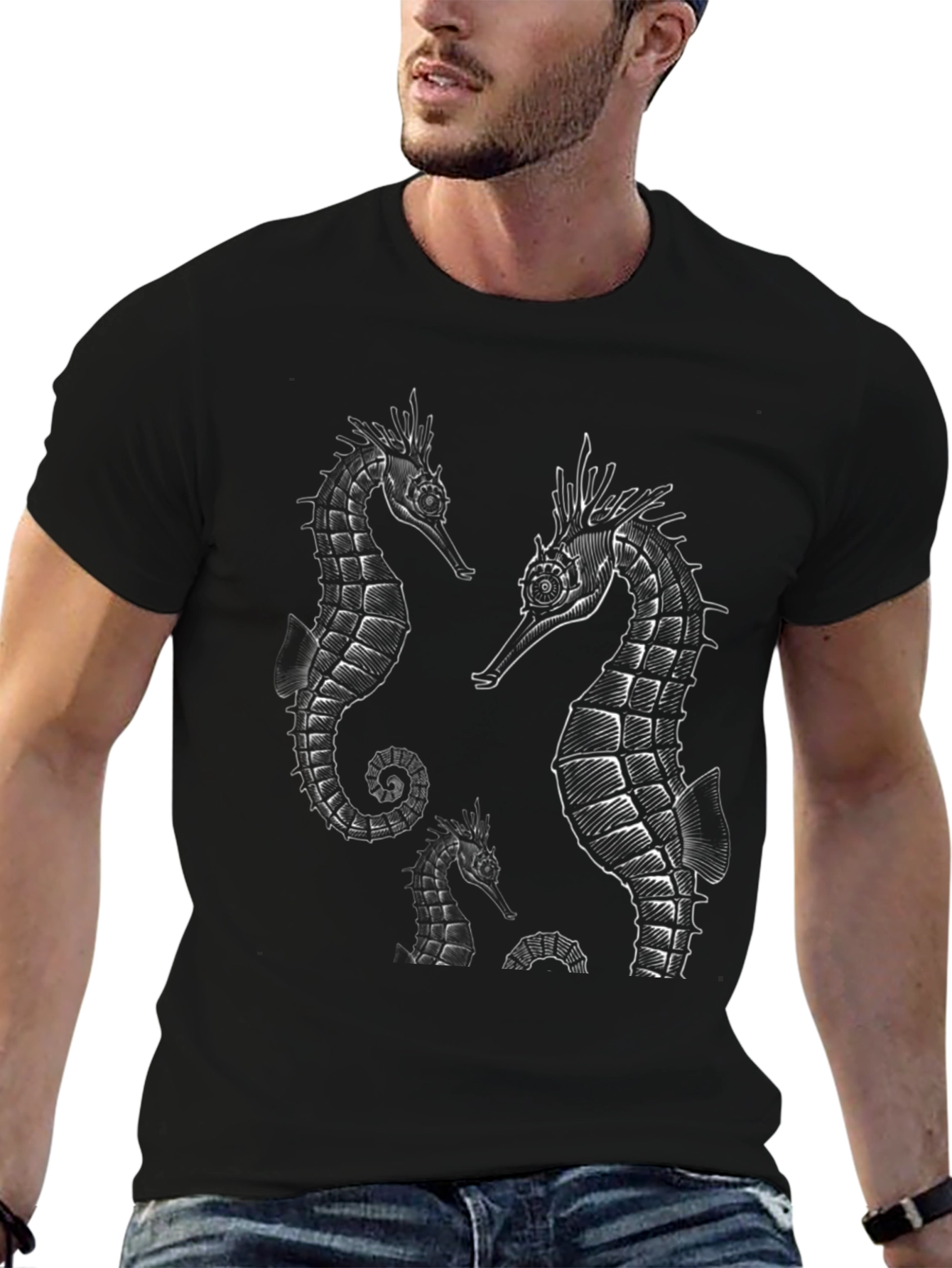 Sea Horse Graphic Print Black T-Shirt