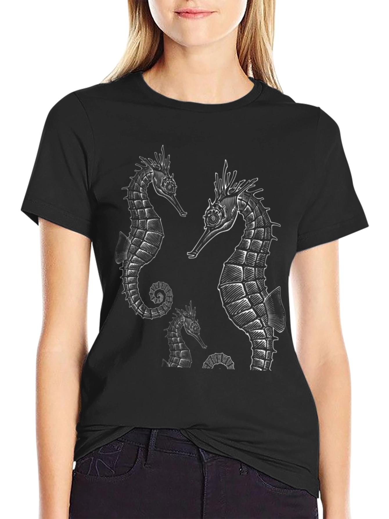 Sea Horse Graphic Print Black T-Shirt