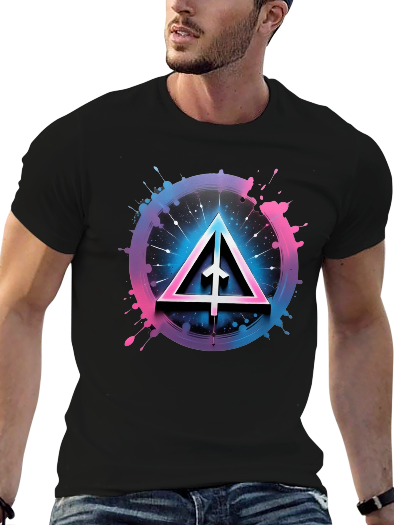 Abstract Triangle Graphic Tee - Black Cotton Blend