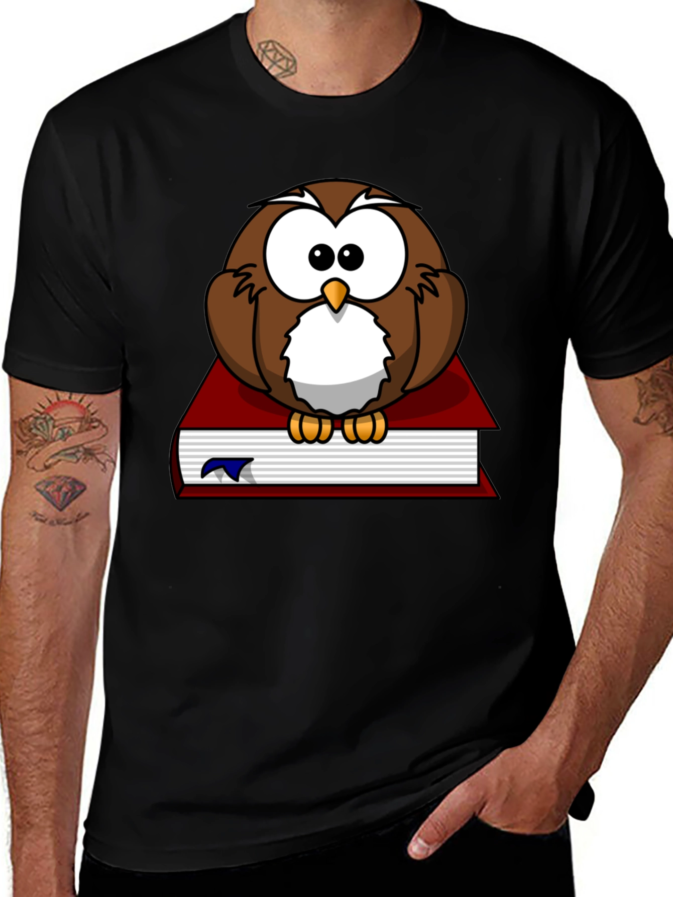Owl on Book Graphic Tee - Black Cotton T-Shirt