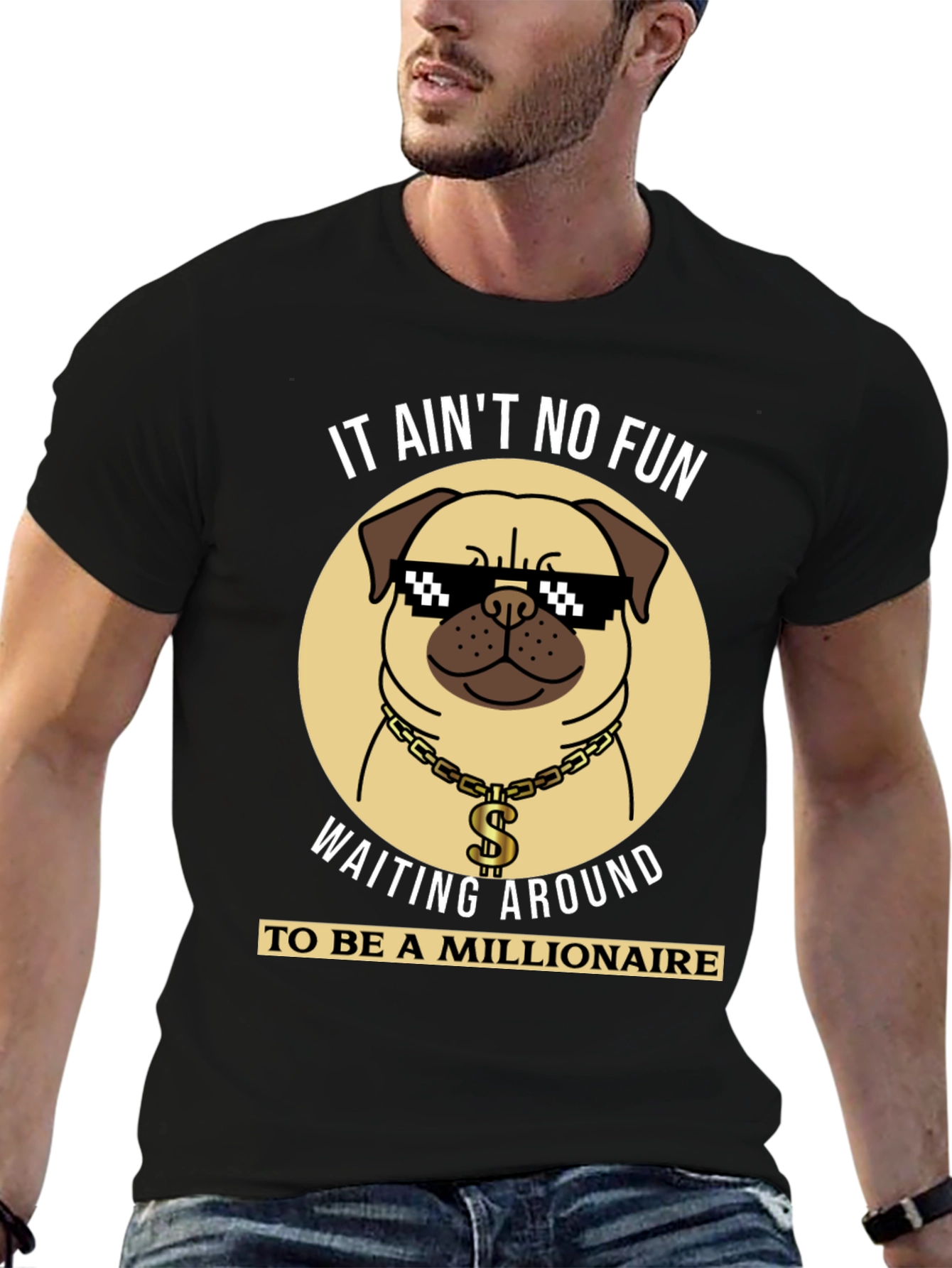 Funny Pug Millionaire Black T-Shirt