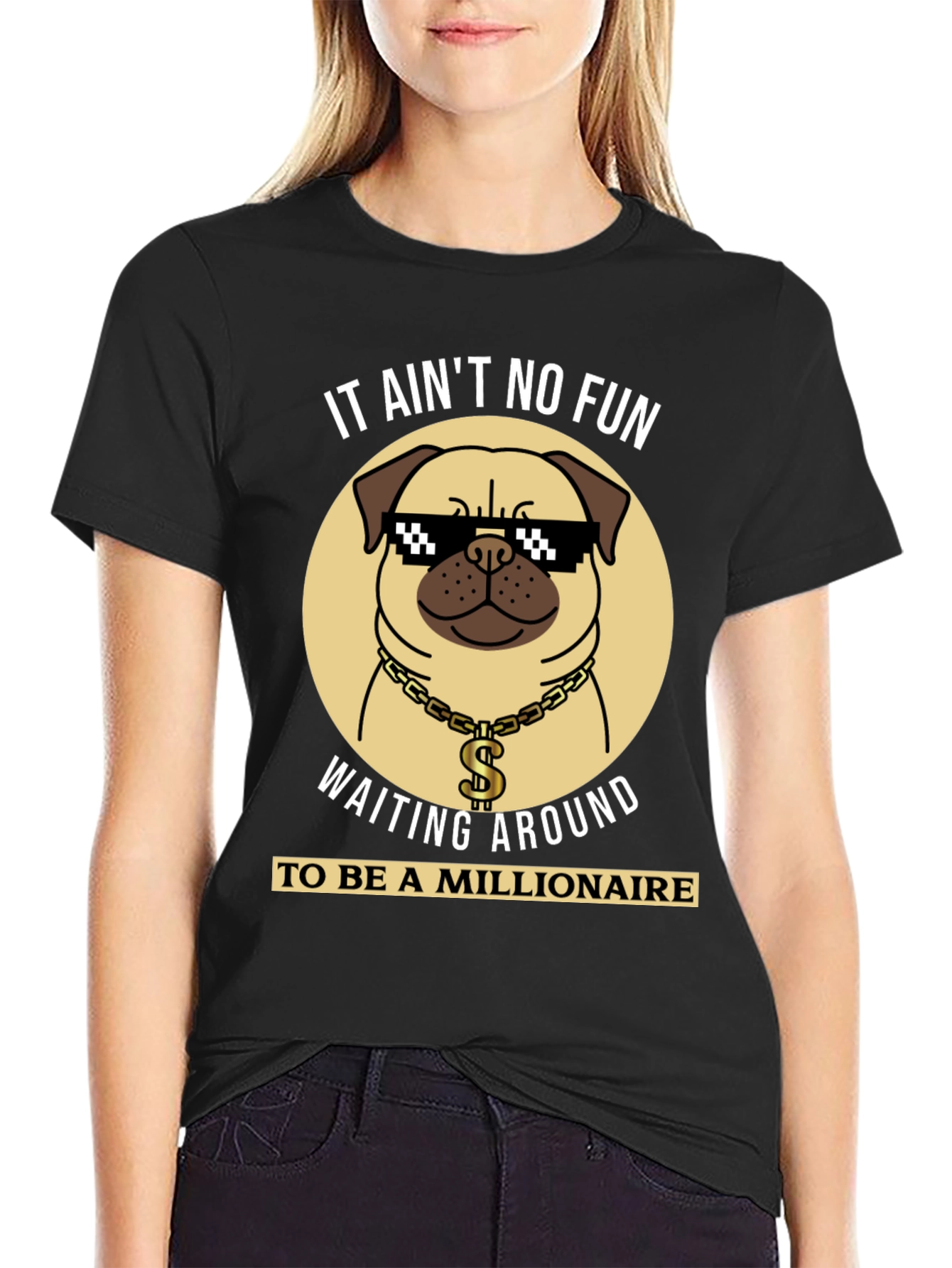 Funny Pug Millionaire Black T-Shirt