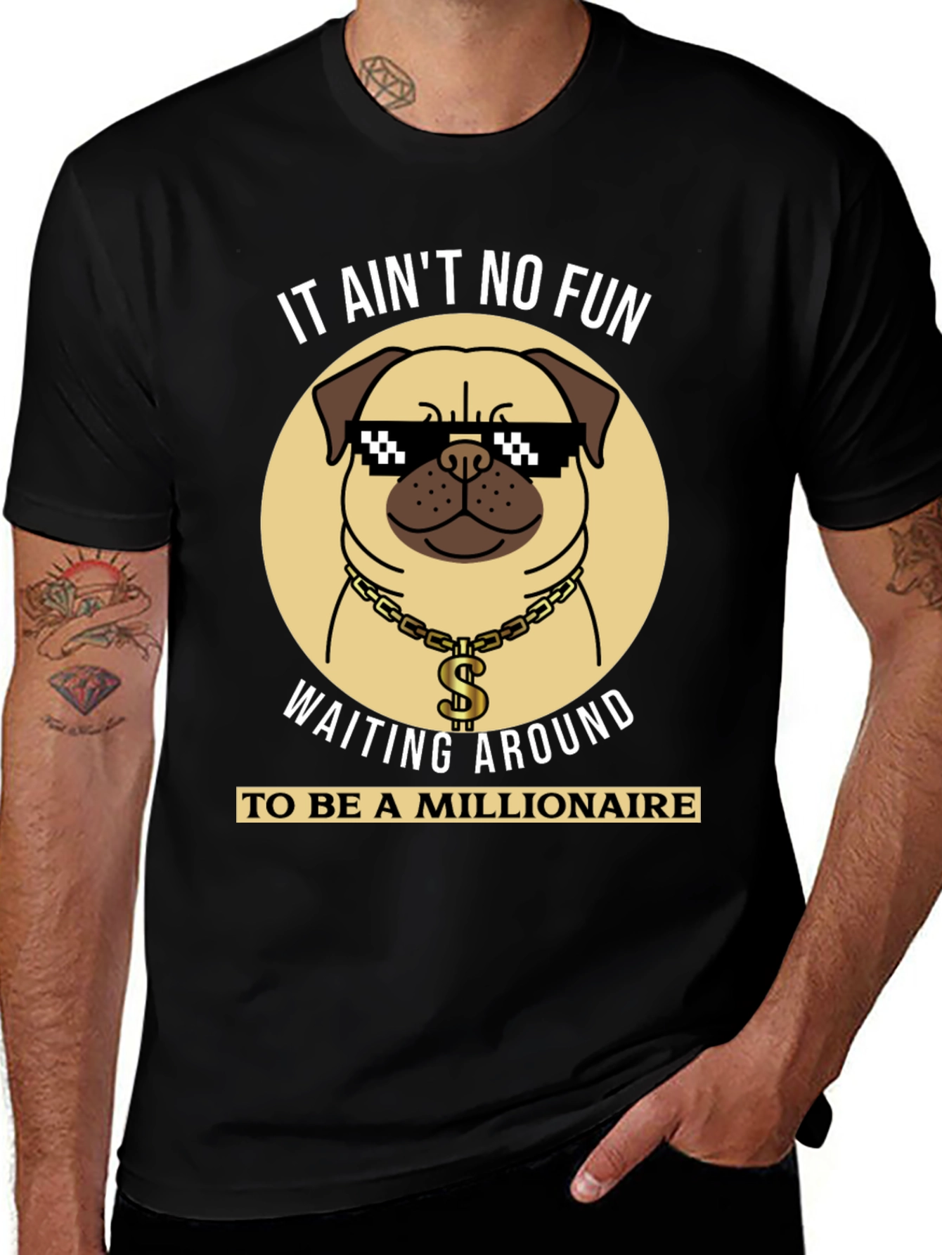 Funny Pug Millionaire Black T-Shirt