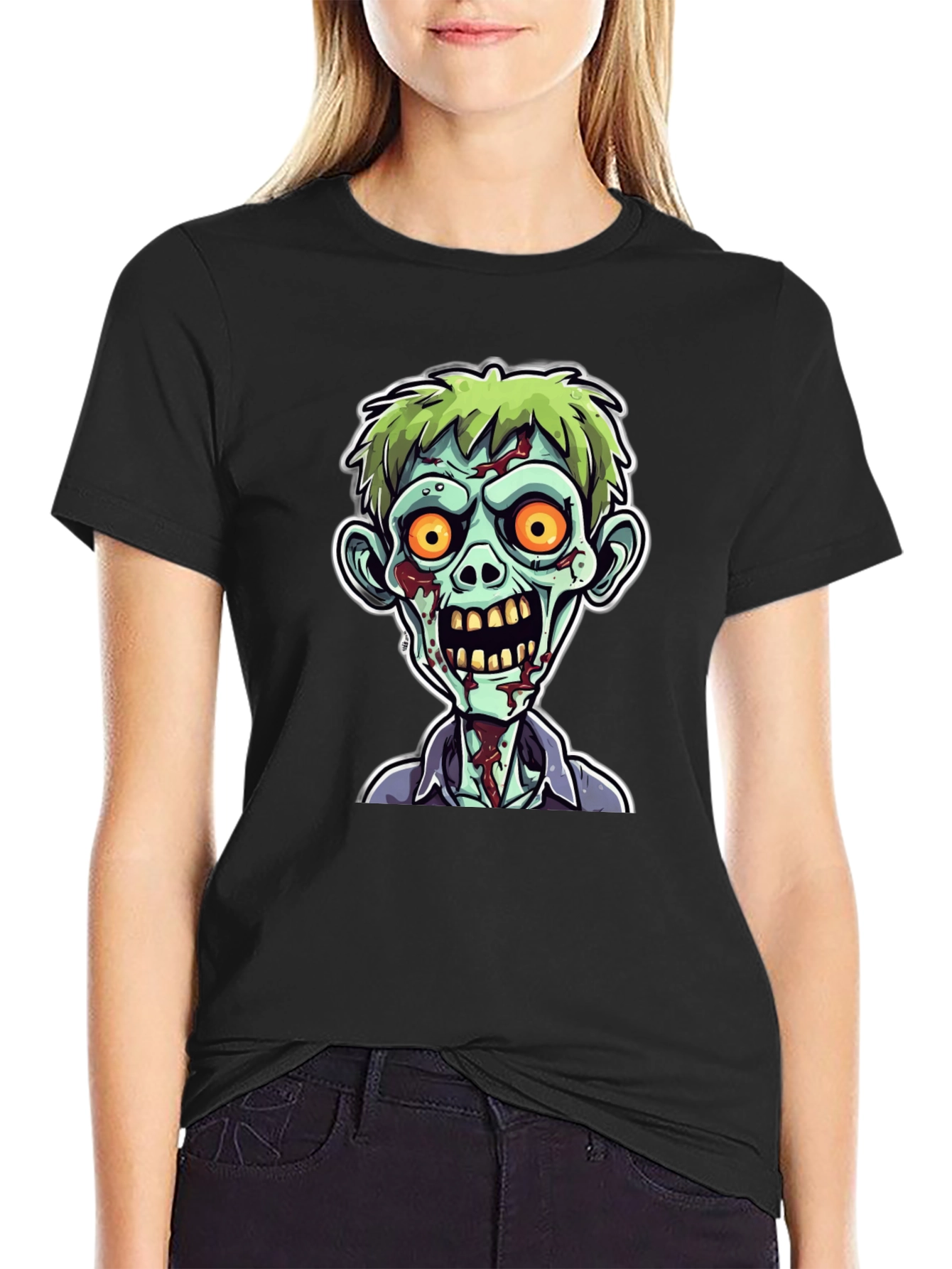 Zombie Cartoon Graphic Print Black Tee
