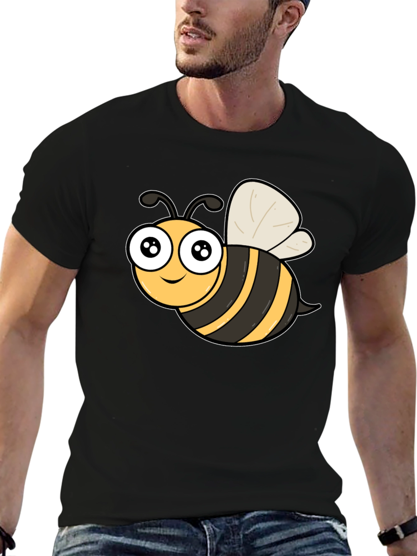 Cute Cartoon Bee Graphic Black T-Shirt