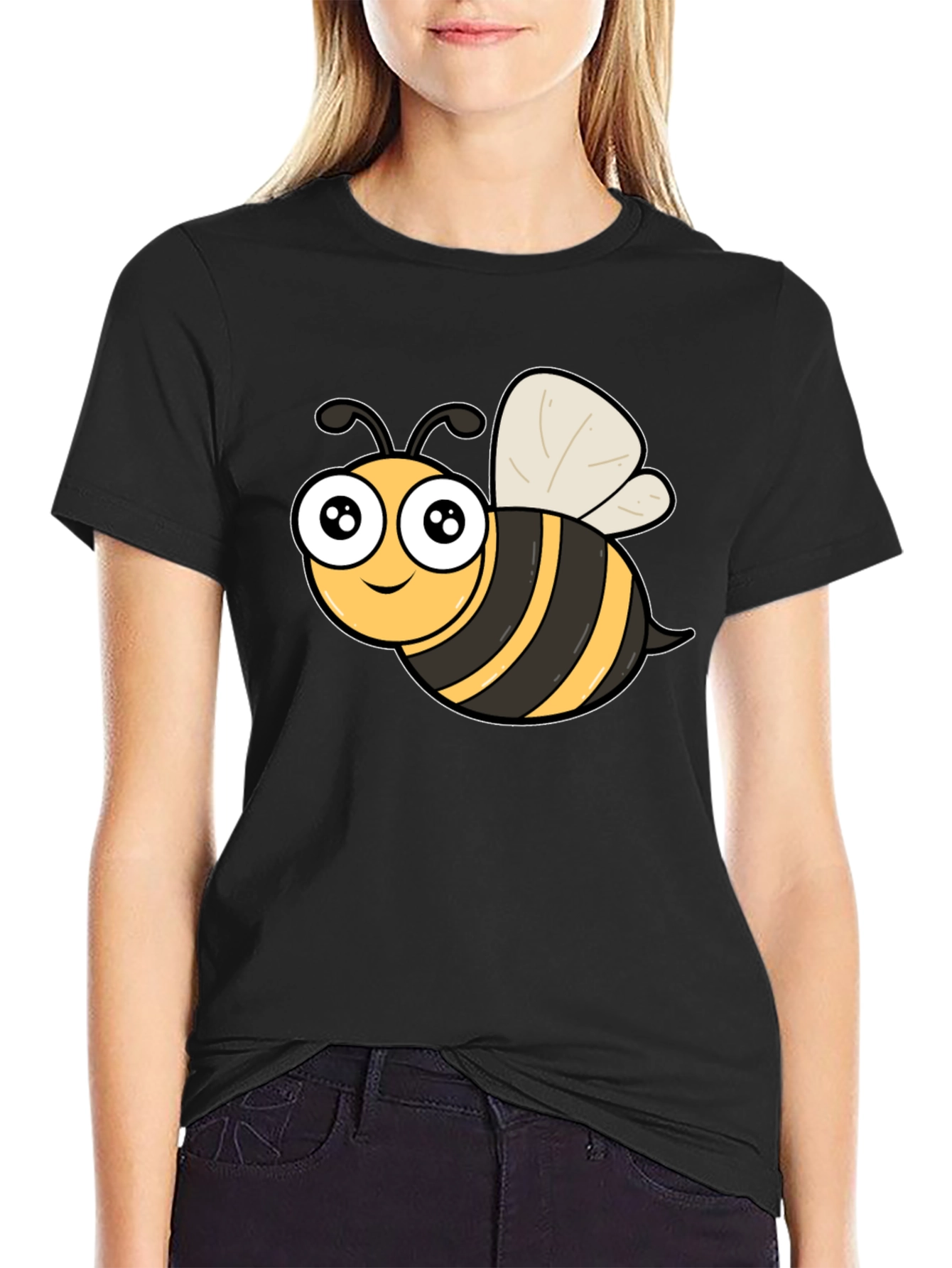 Cute Cartoon Bee Graphic Black T-Shirt