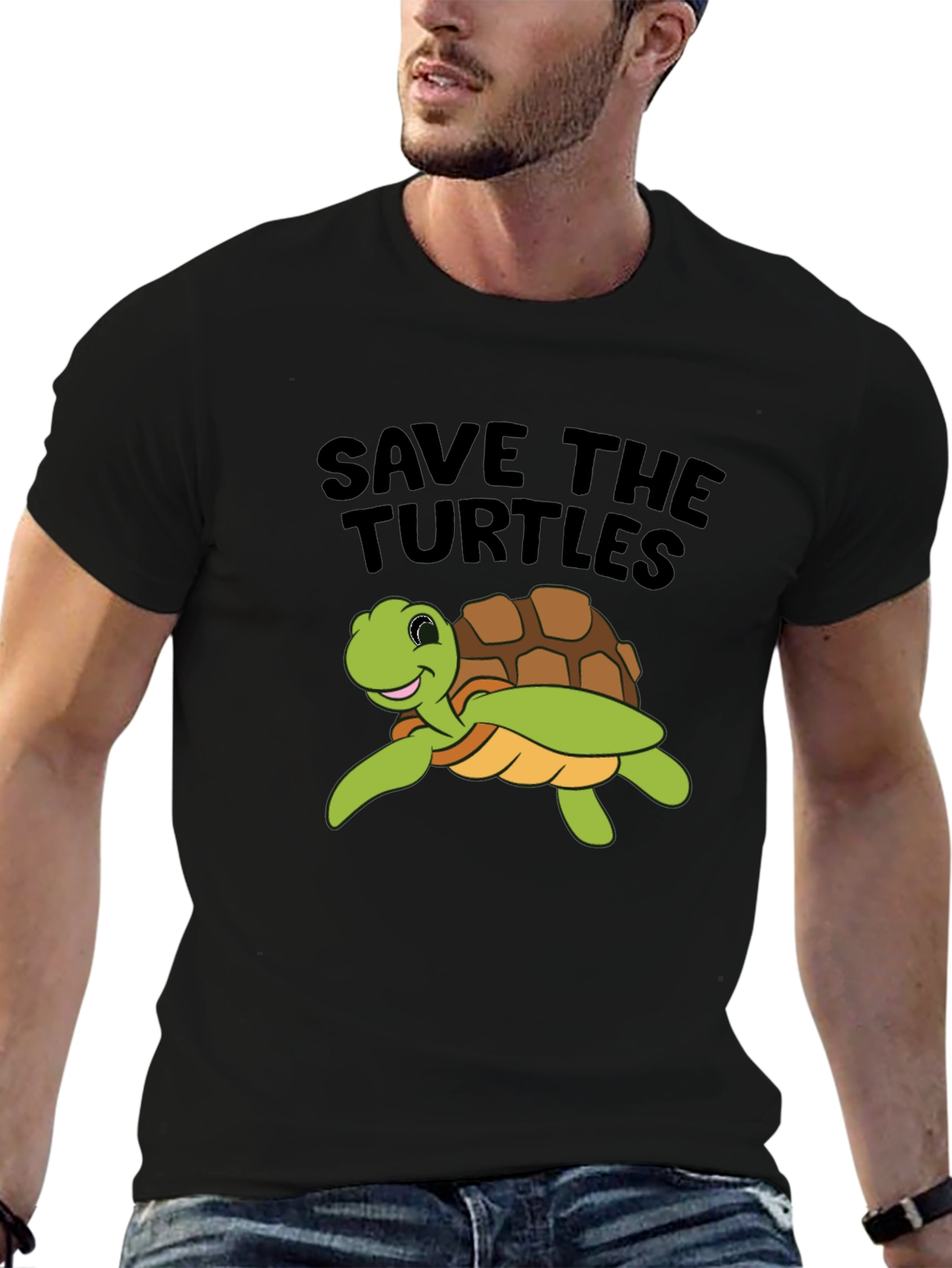 Save the Turtles Graphic Tee - Black Cotton T-Shirt