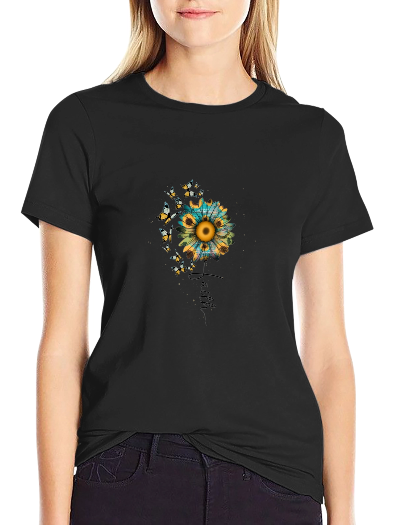 Faith Sunflower Butterfly Graphic Black T-Shirt