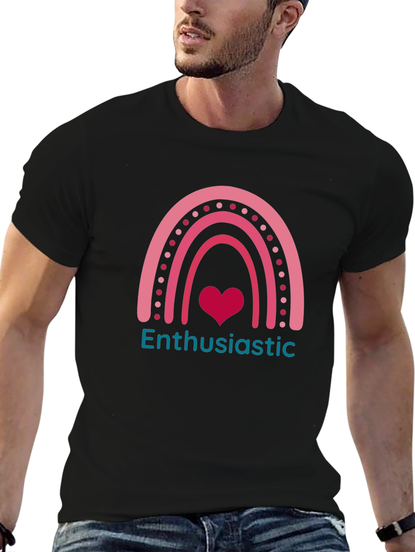 Enthusiastic Heart Rainbow Graphic Tee - Black