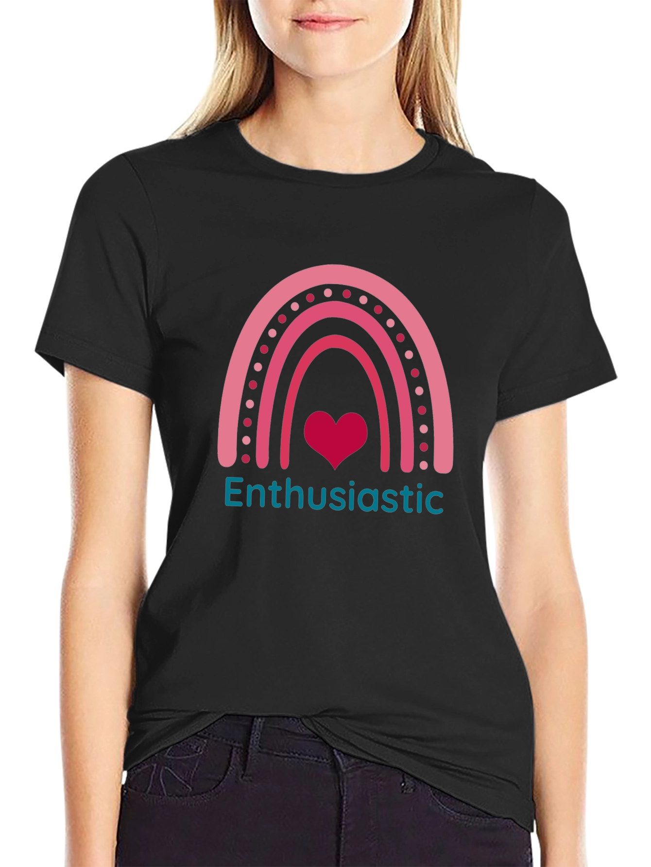 Enthusiastic Heart Rainbow Graphic Tee - Black