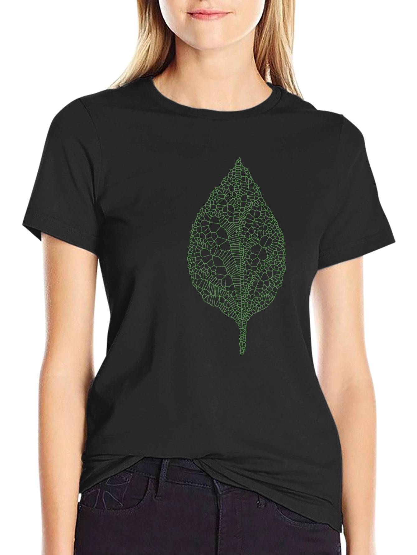 Modern Green Leaf Design Black T-Shirt