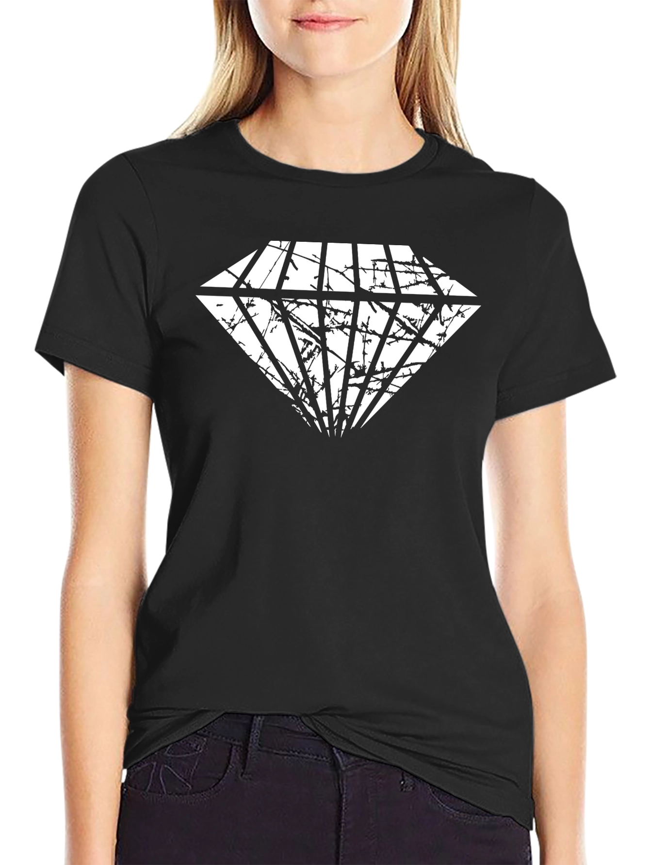 Black Tee with Distressed Diamond Graphic