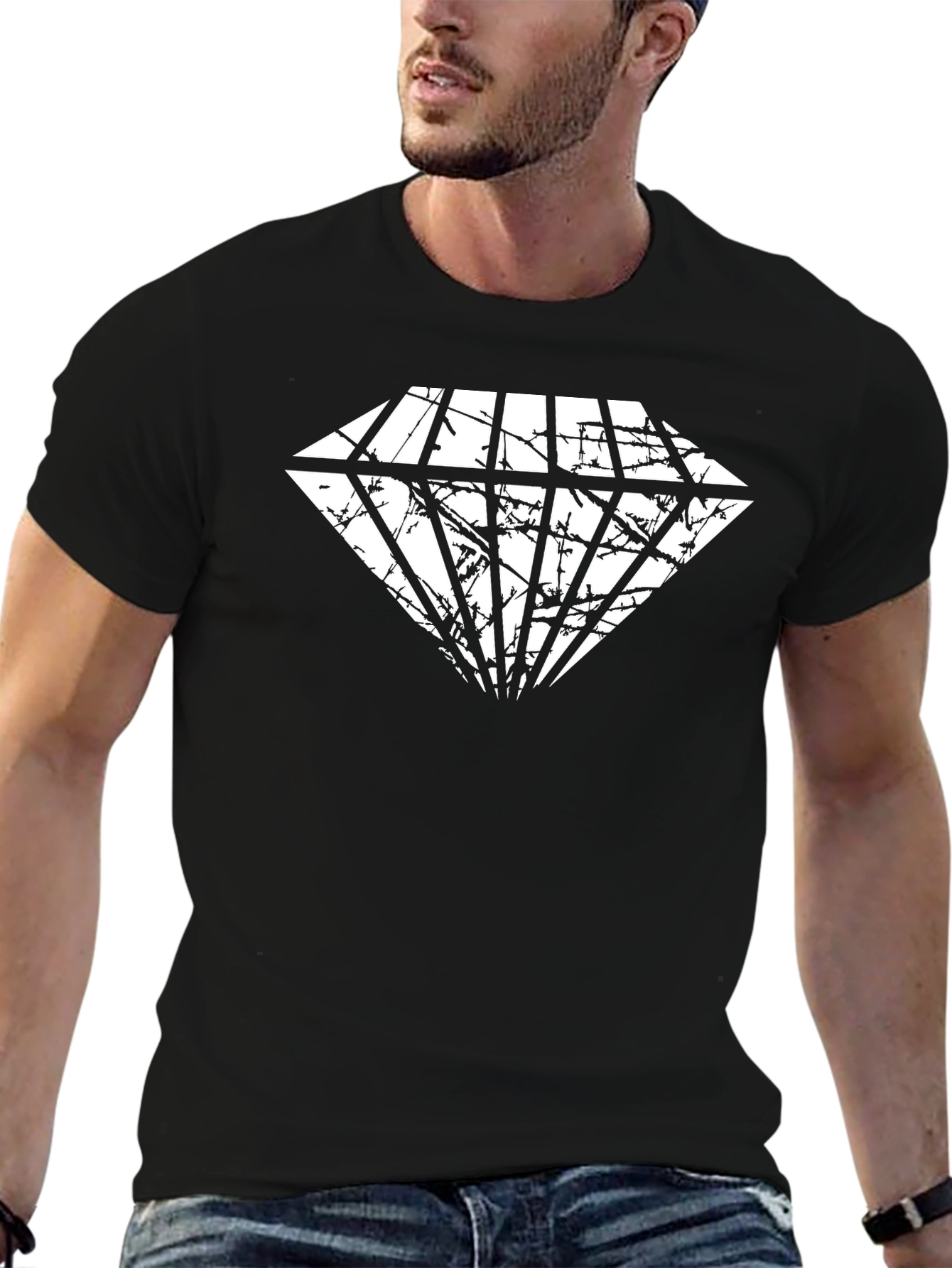 Black Tee with Distressed Diamond Graphic