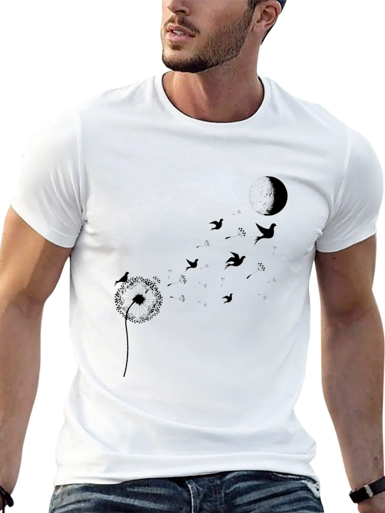 Dandelion Bird T-Shirt - Black Crew Neck