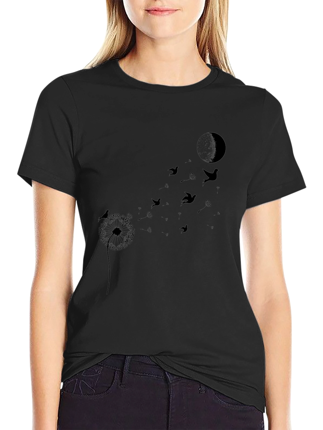 Dandelion Bird T-Shirt - Black Crew Neck