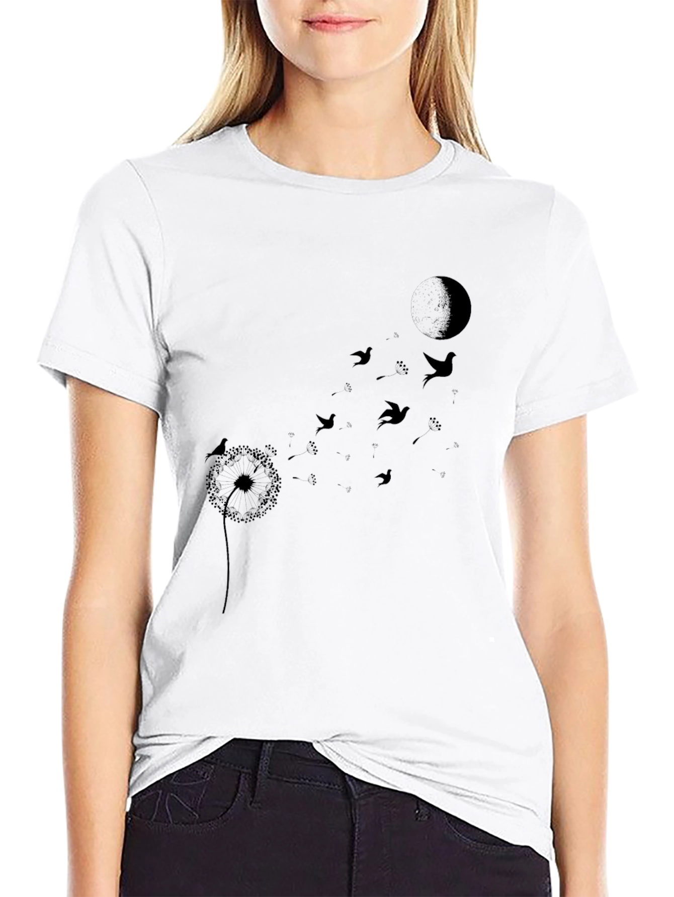 Dandelion Bird T-Shirt - Black Crew Neck