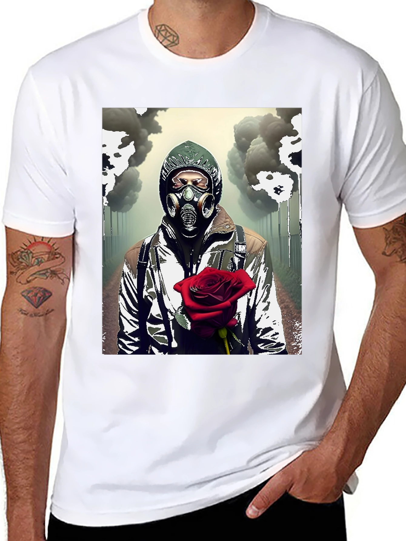 Dystopian Romance T-Shirt - Gas Mask Rose Graphic Tee