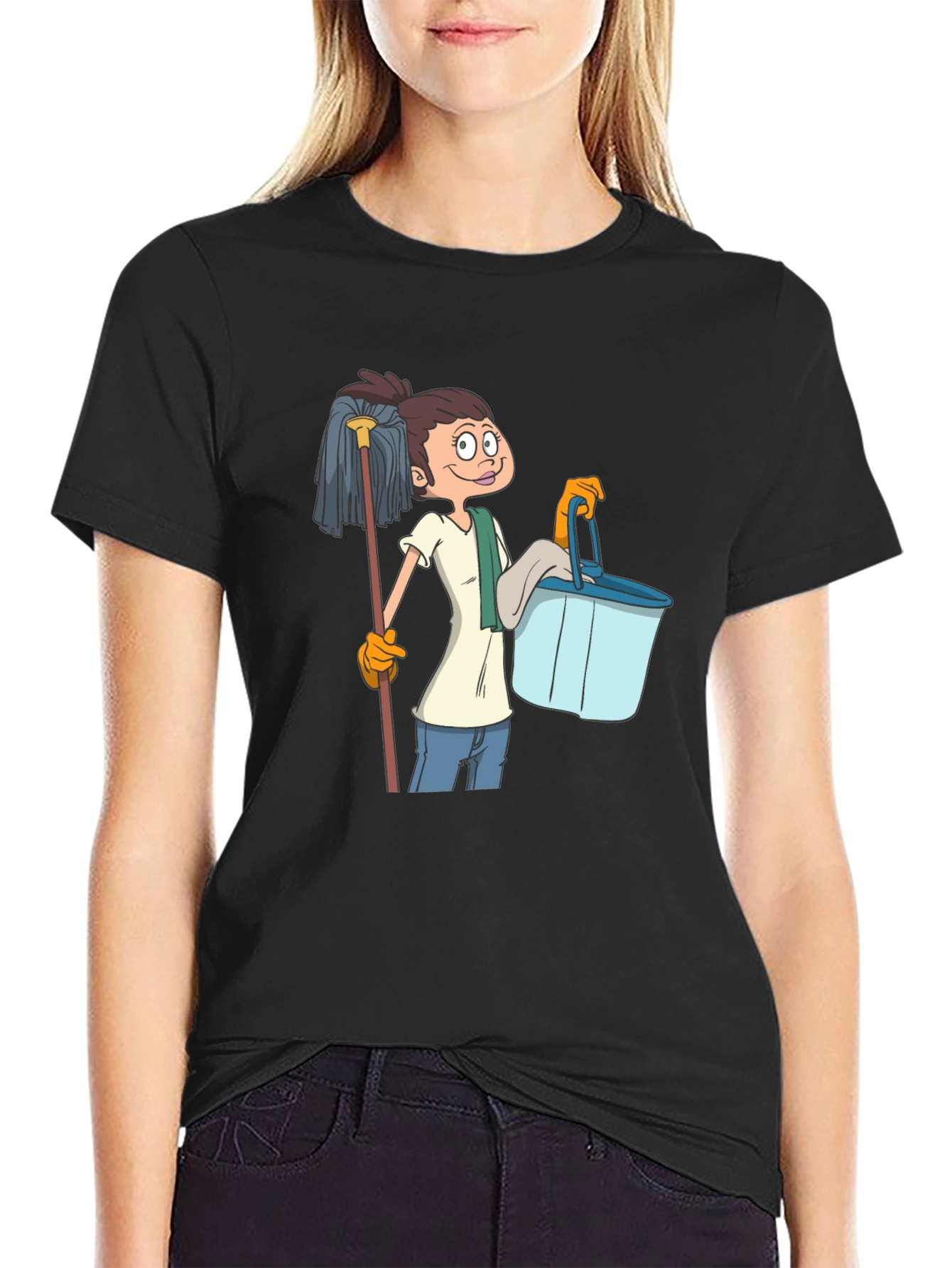 Cartoon Cleaning Lady Graphic T-Shirt