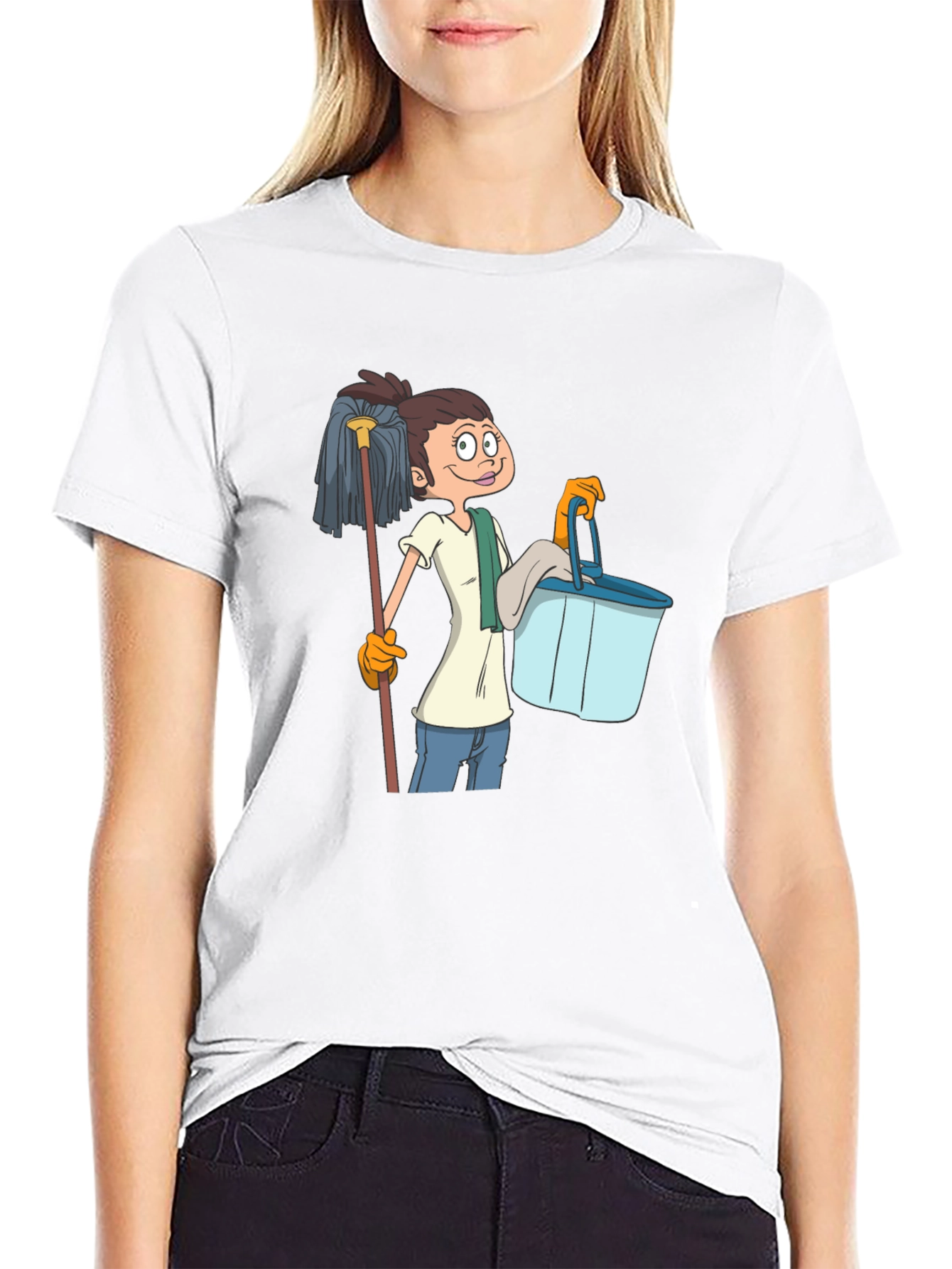 Cartoon Cleaning Lady Graphic T-Shirt