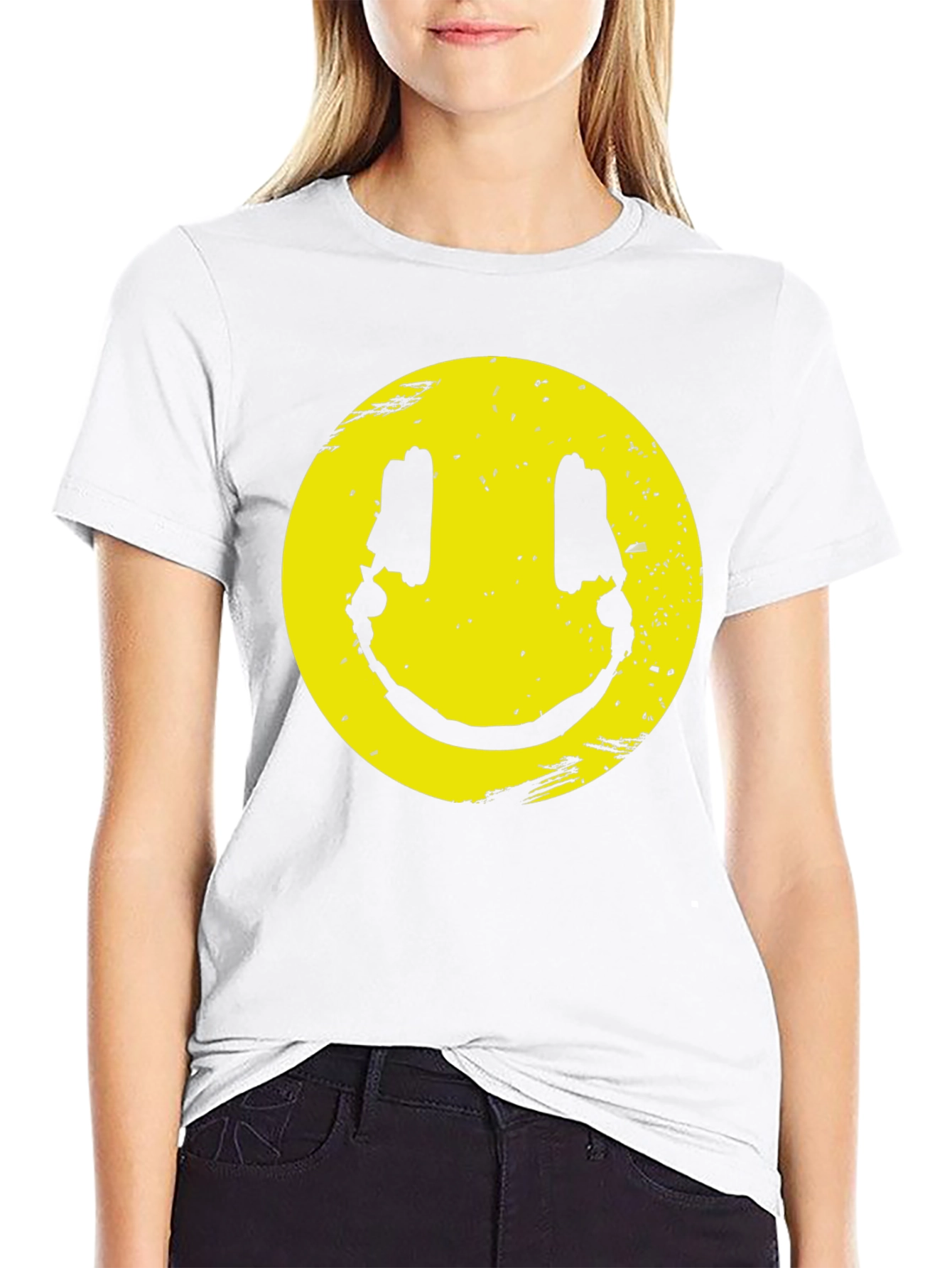 Distressed Smiley Graphic T-Shirt - Black Cotton Blend