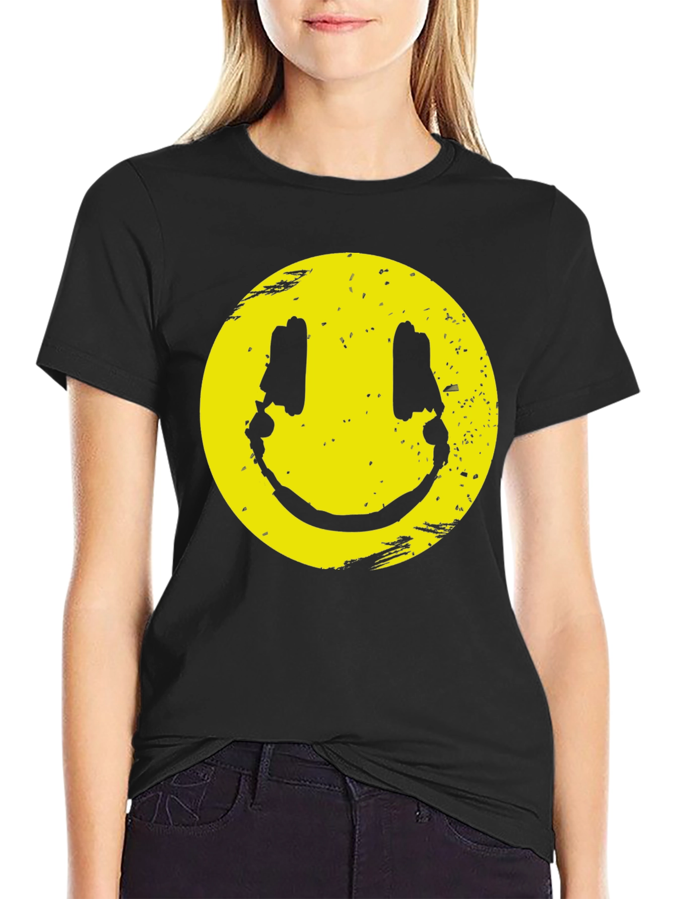 Distressed Smiley Graphic T-Shirt - Black Cotton Blend