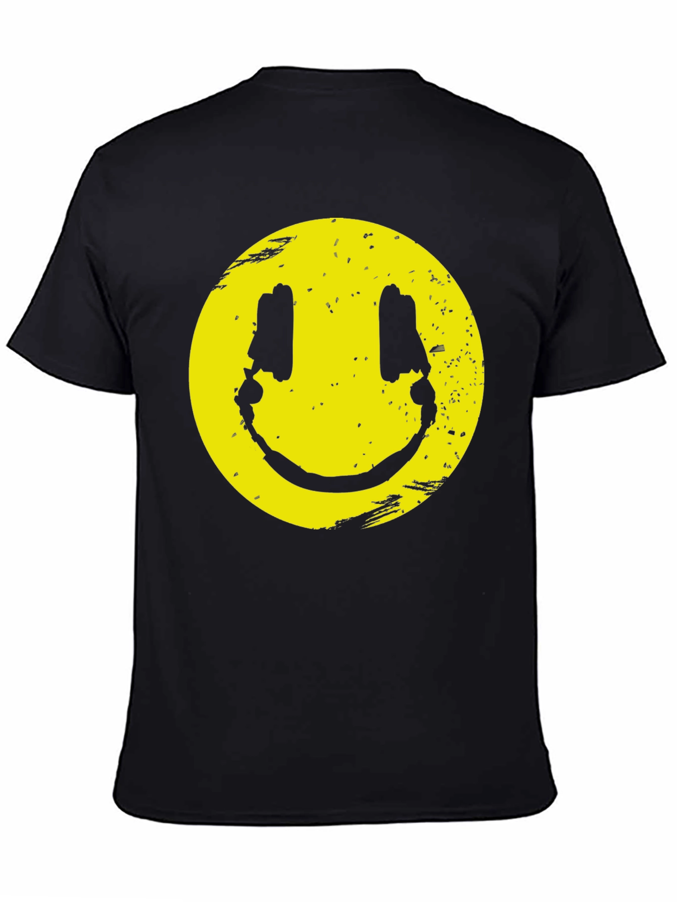 Distressed Smiley Graphic T-Shirt - Black Cotton Blend