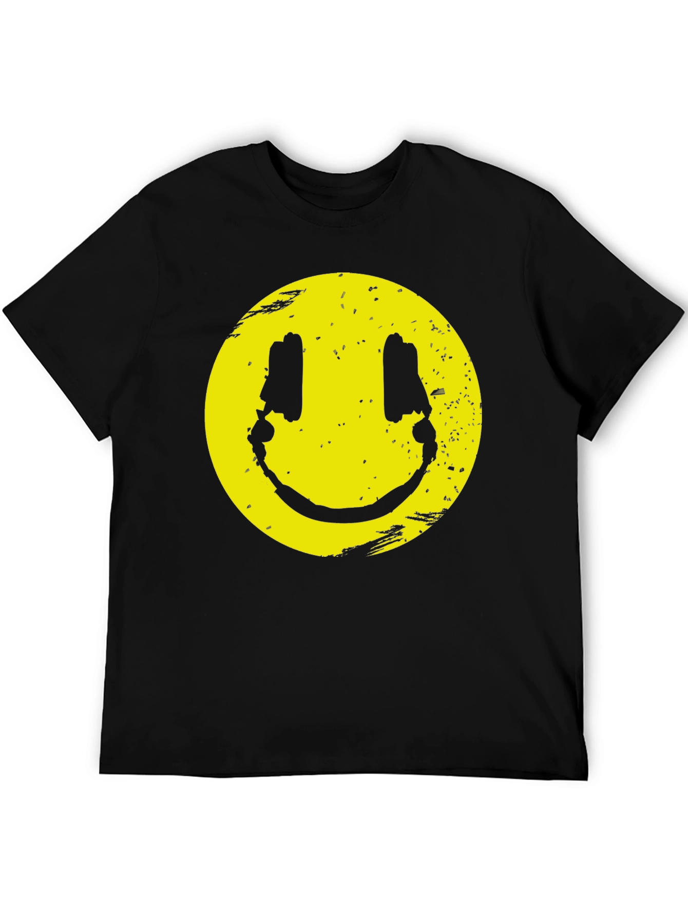 Distressed Smiley Graphic T-Shirt - Black Cotton Blend
