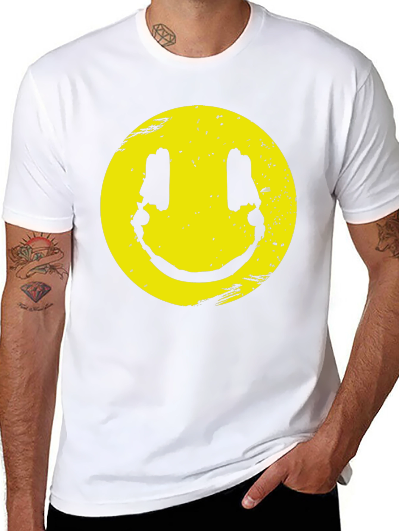Distressed Smiley Graphic T-Shirt - Black Cotton Blend