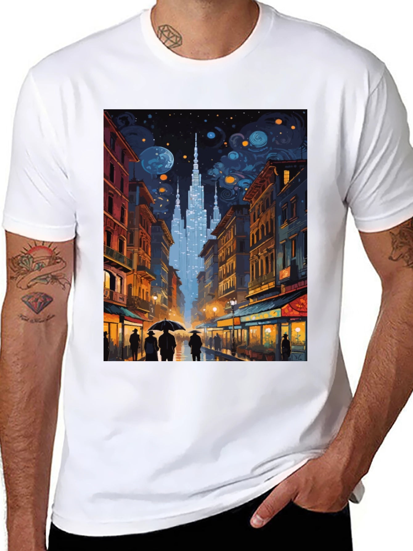 Starry Night Cityscape Graphic Tee