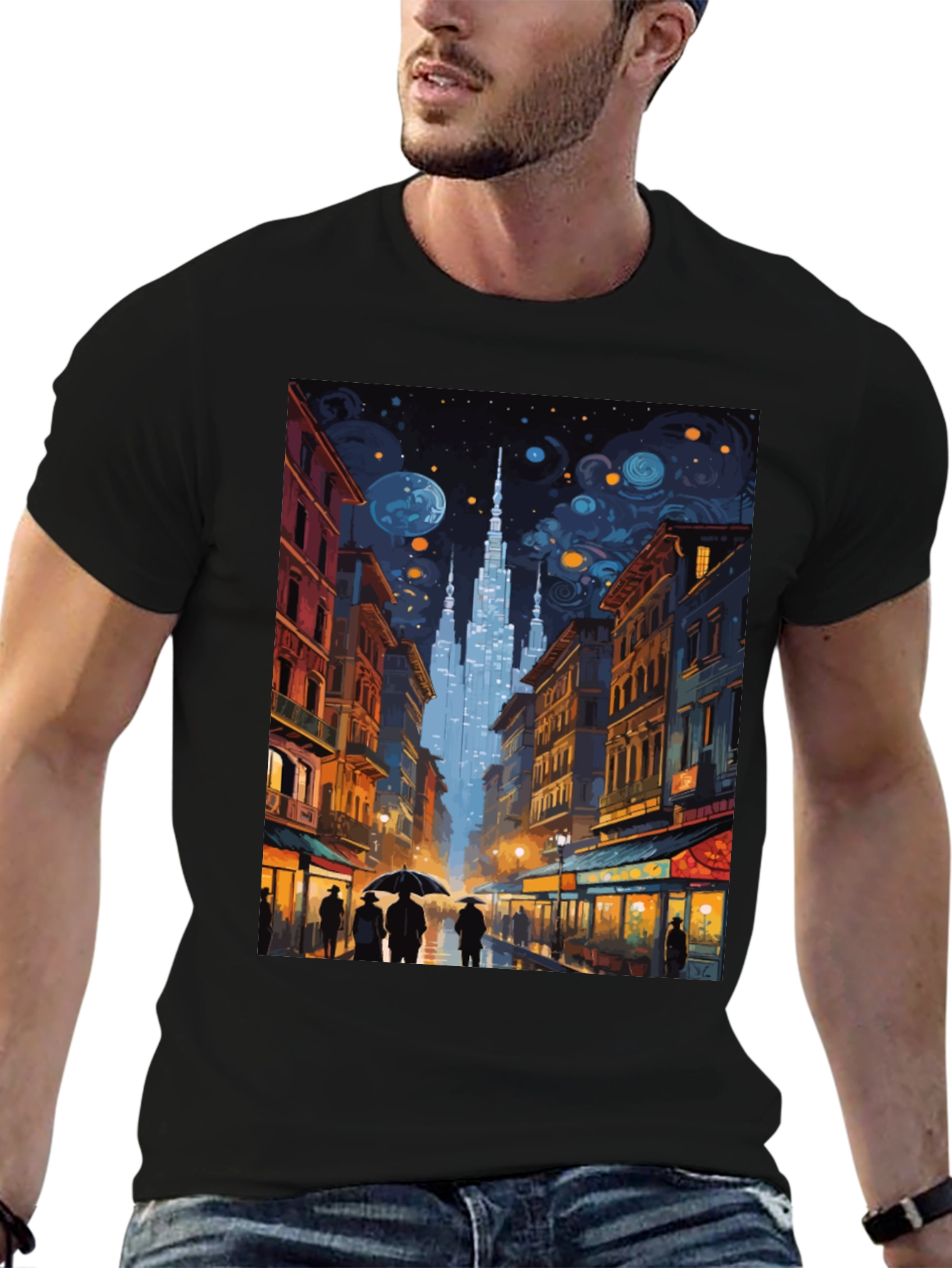 Starry Night Cityscape Graphic Tee