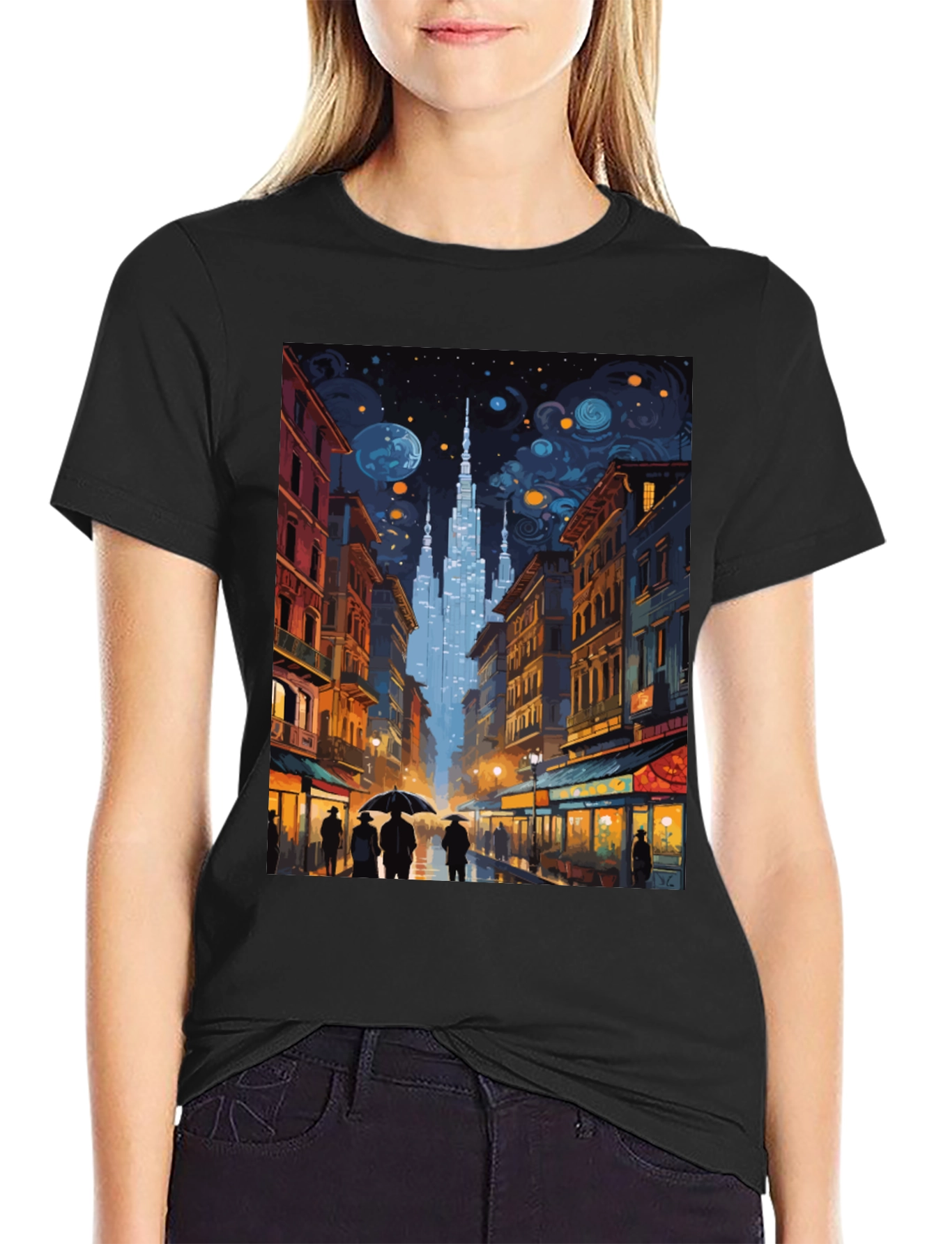 Starry Night Cityscape Graphic Tee
