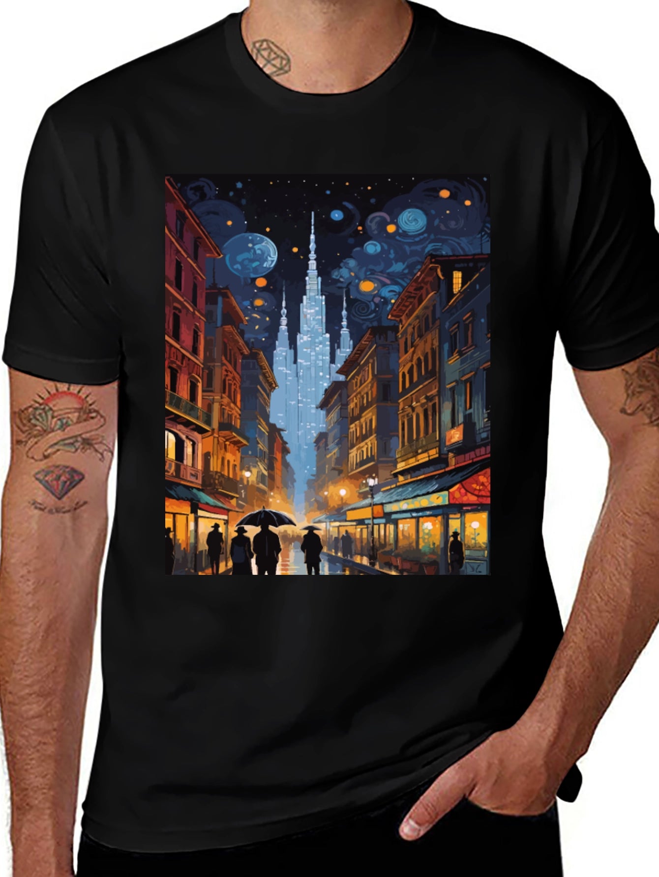 Starry Night Cityscape Graphic Tee