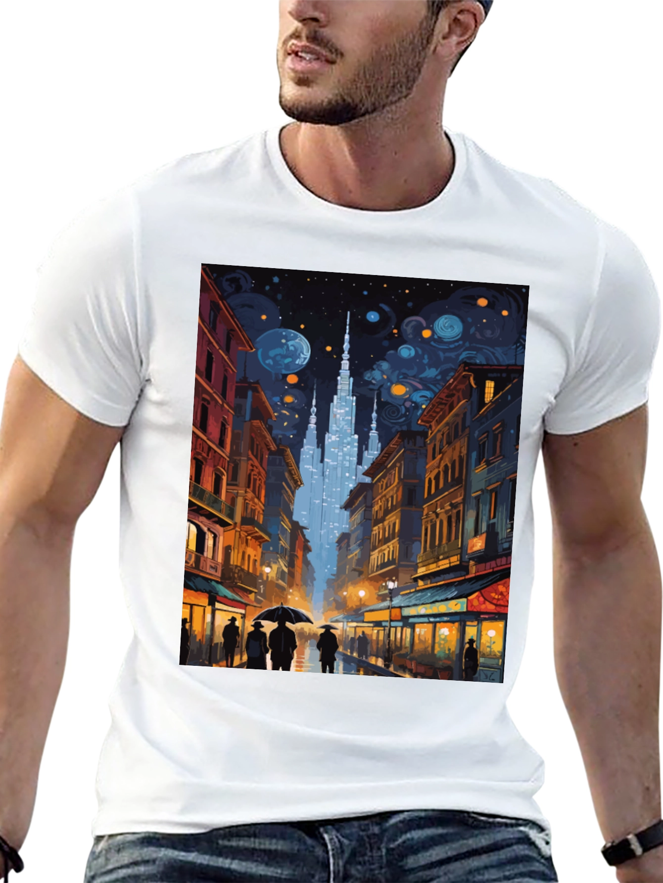 Starry Night Cityscape Graphic Tee