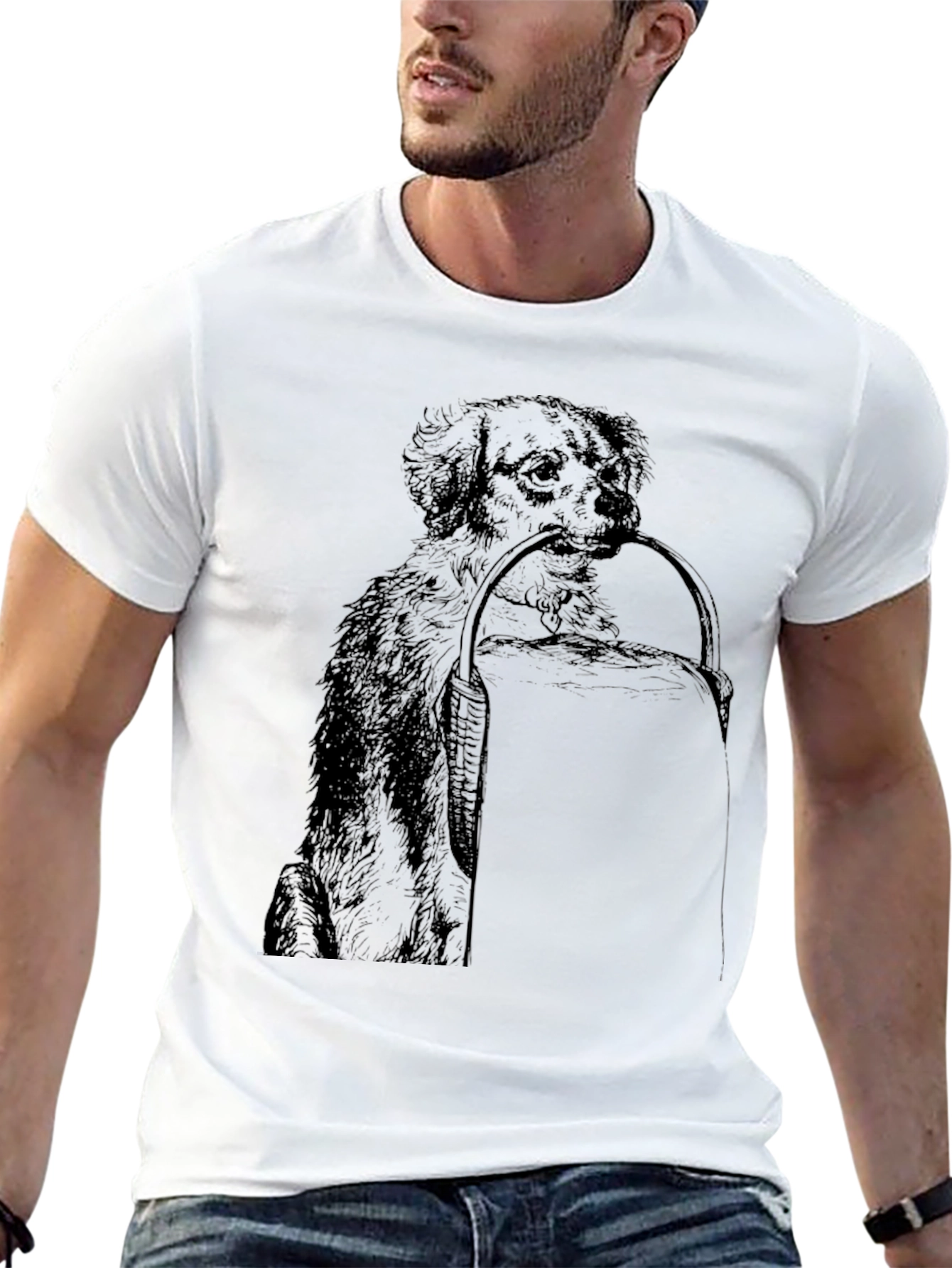 Dog with Basket Graphic Print Black T-Shirt