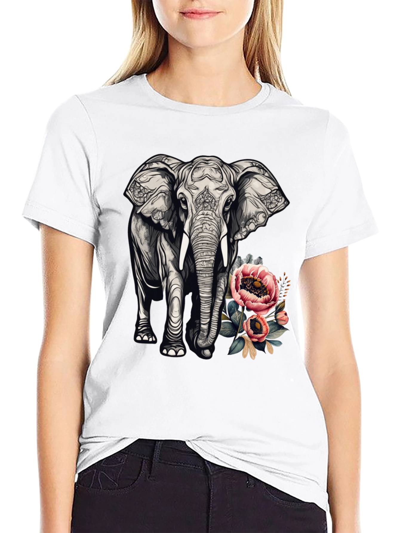 Elephant Floral Graphic Tee - Black