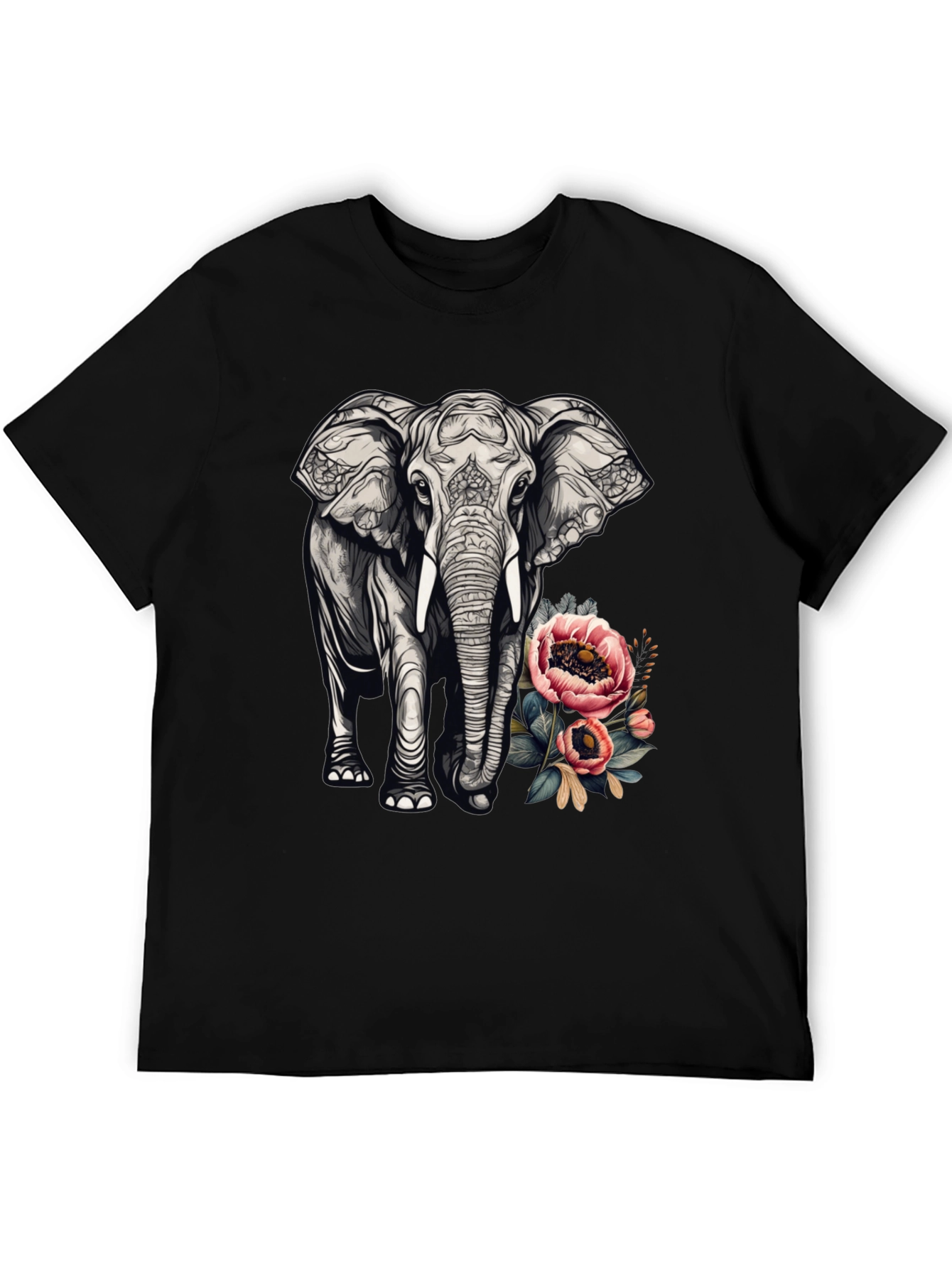 Elephant Floral Graphic Tee - Black