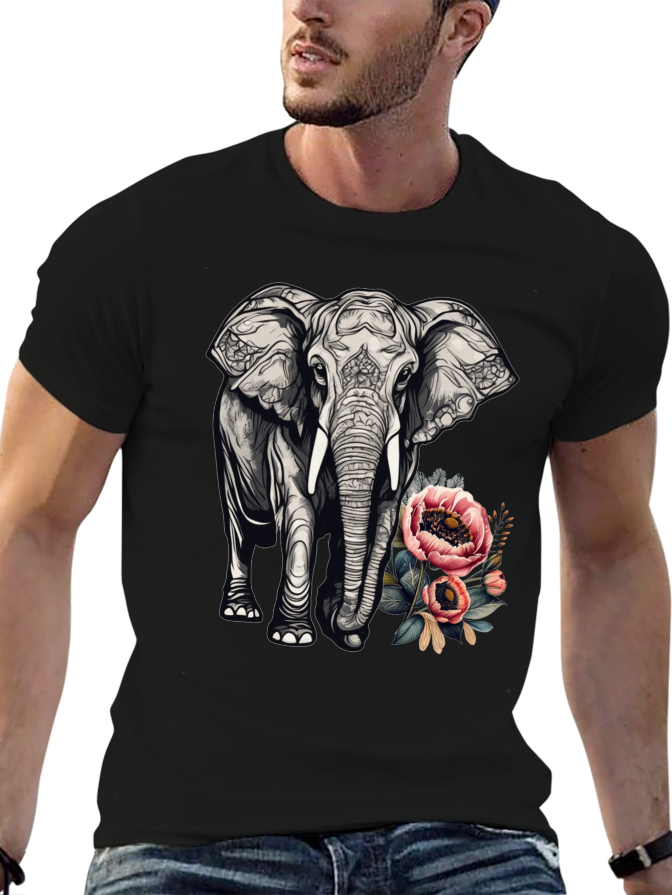 Elephant Floral Graphic Tee - Black